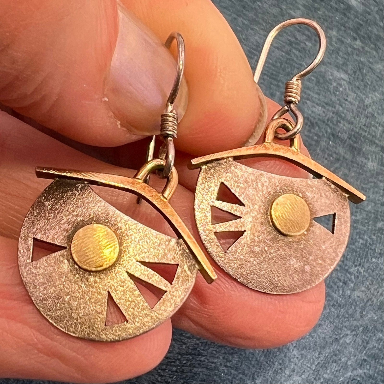 14k Yellow Gold + Sterling Silver Artisan Dangle Drop Geometric Earrings