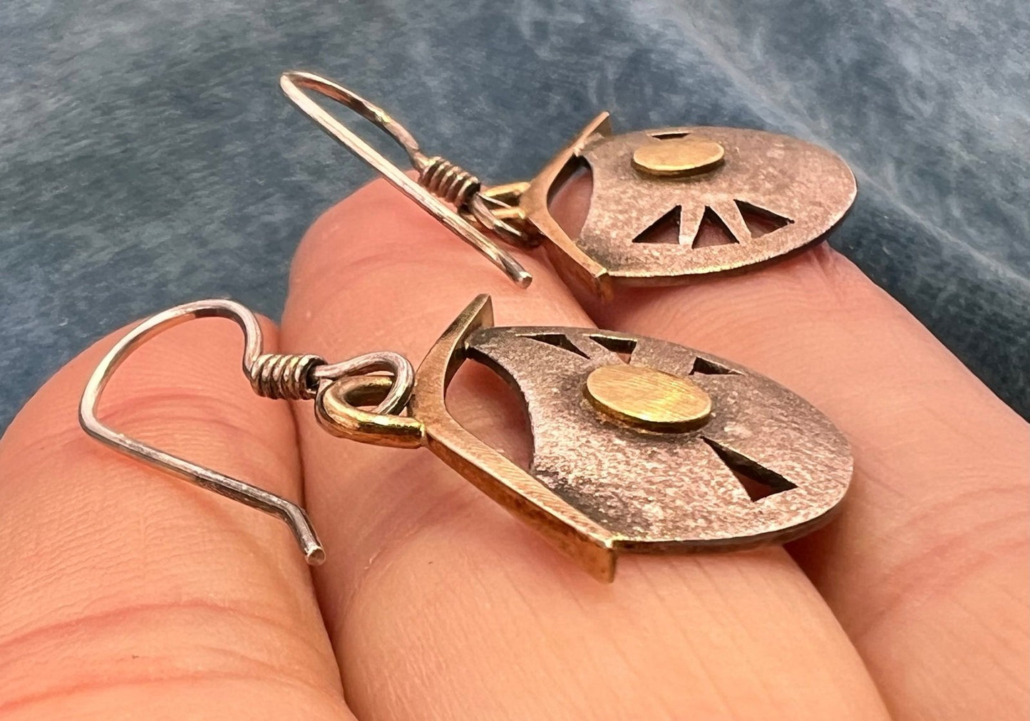 14k Yellow Gold + Sterling Silver Artisan Dangle Drop Geometric Earrings