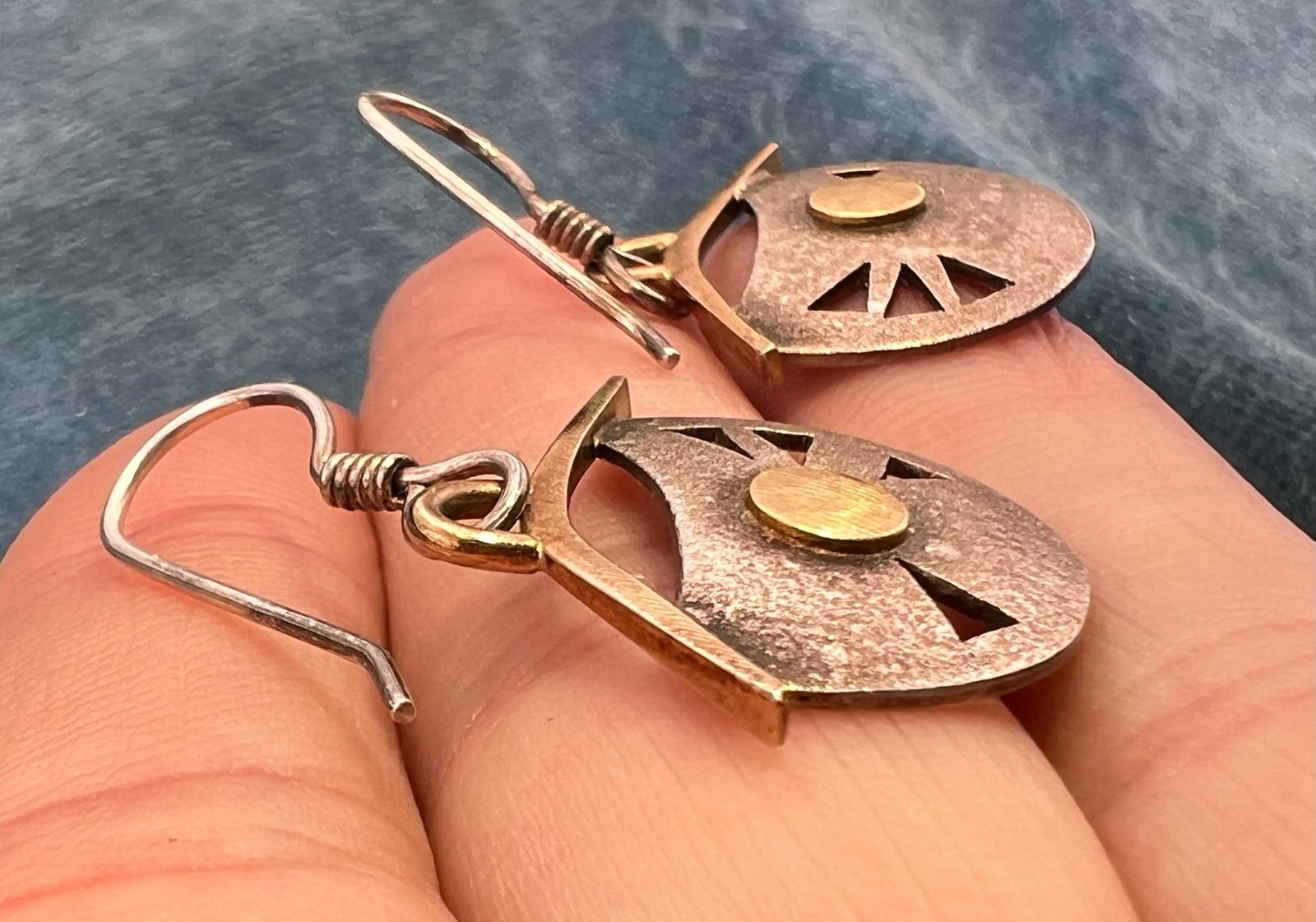 14k Yellow Gold + Sterling Silver Artisan Dangle Drop Geometric Earrings