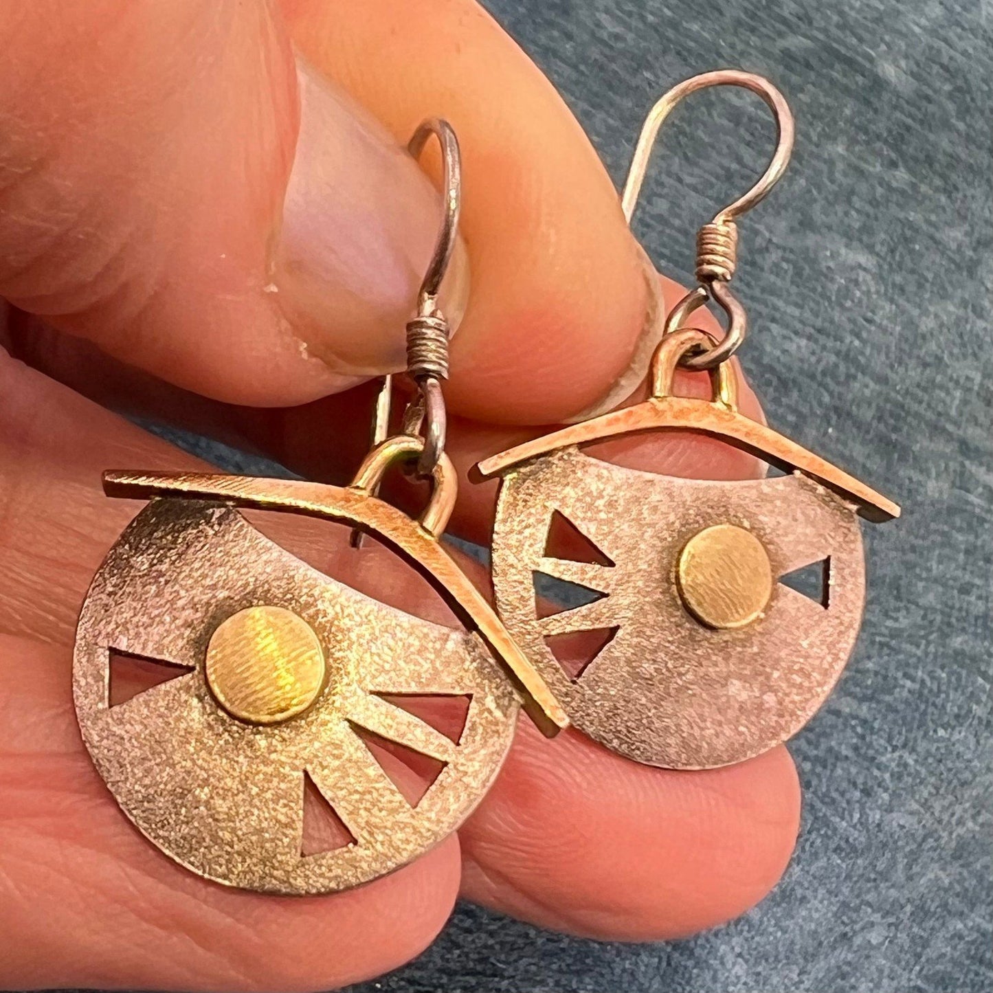 14k Yellow Gold + Sterling Silver Artisan Dangle Drop Geometric Earrings