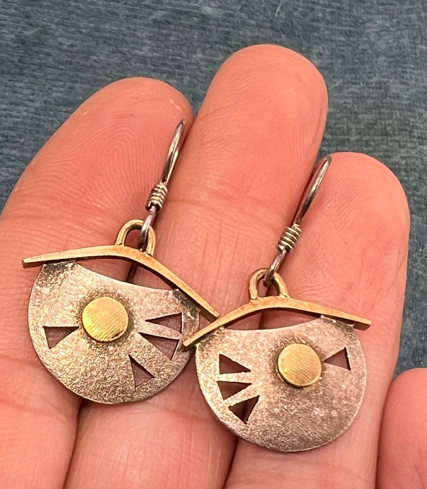 14k Yellow Gold + Sterling Silver Artisan Dangle Drop Geometric Earrings