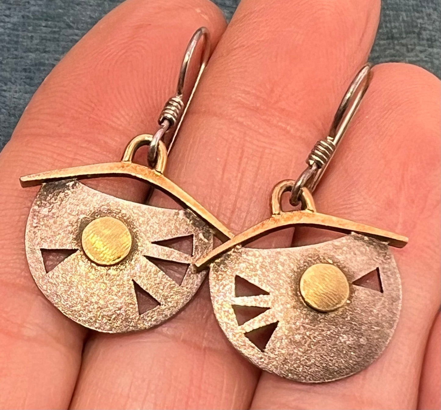 14k Yellow Gold + Sterling Silver Artisan Dangle Drop Geometric Earrings