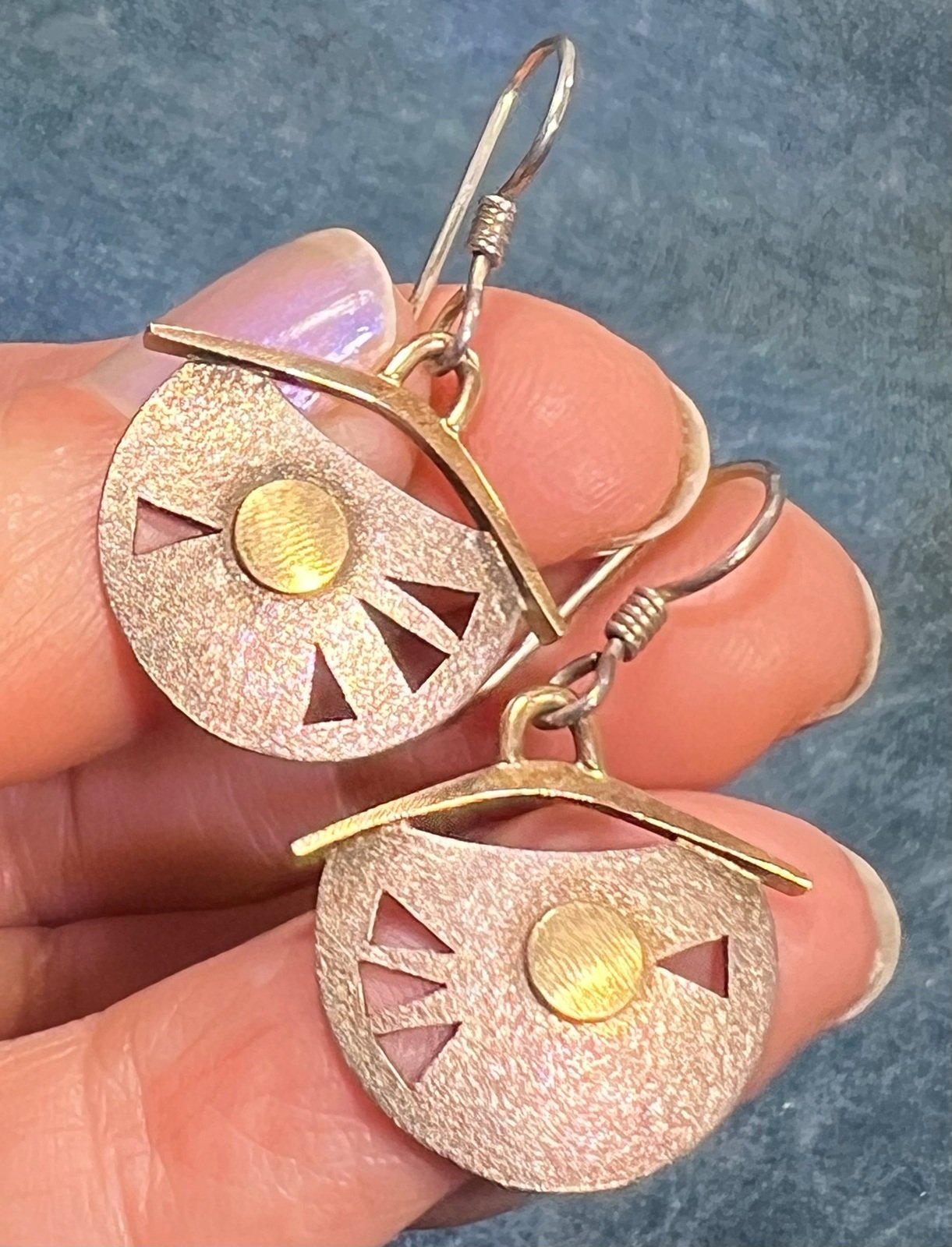 14k Yellow Gold + Sterling Silver Artisan Dangle Drop Geometric Earrings