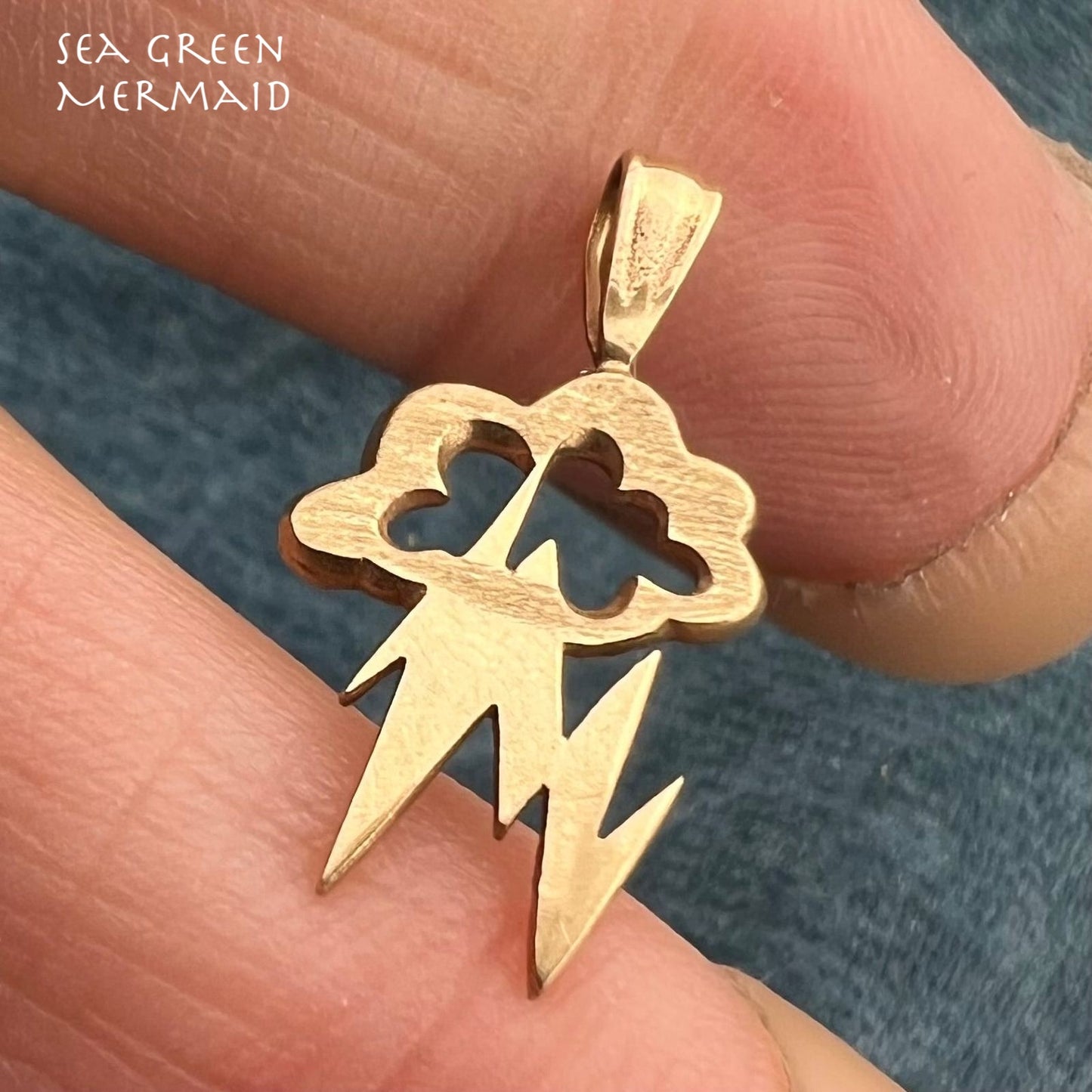 14k Yellow Gold Storm Cloud + Lightning Bolt Pendant. Artisan OOAK