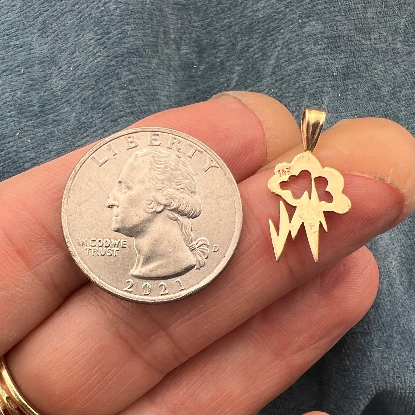 14k Yellow Gold Storm Cloud + Lightning Bolt Pendant. Artisan OOAK