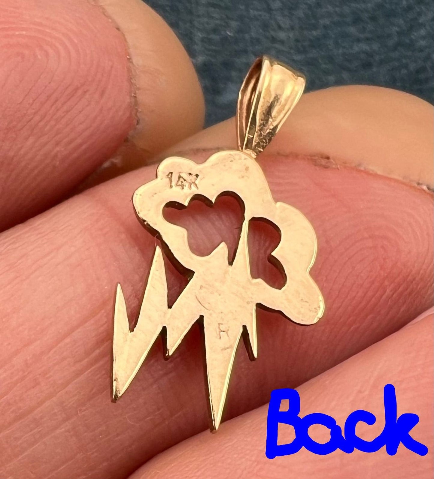 14k Yellow Gold Storm Cloud + Lightning Bolt Pendant. Artisan OOAK