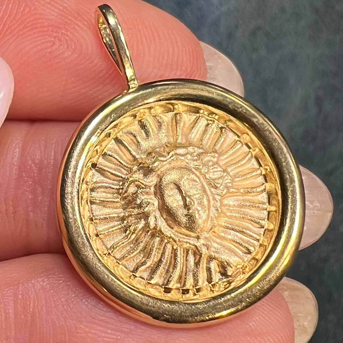 14k Yellow Gold Sun Goddess Medusa Disk Pendant. 1.2" Medallion