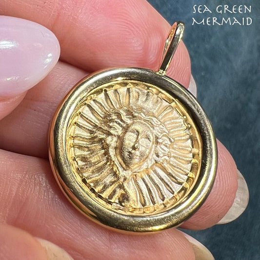 14k Yellow Gold Sun Goddess Medusa Disk Pendant. 1.2" Medallion