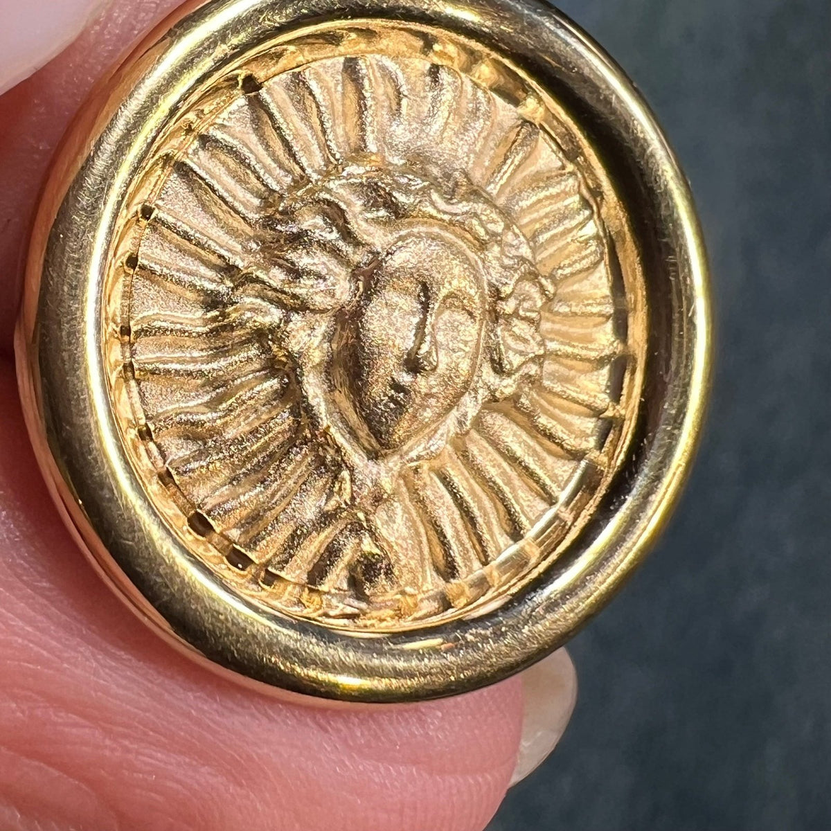14k Yellow Gold Sun Goddess Medusa Disk Pendant. 1.2" Medallion