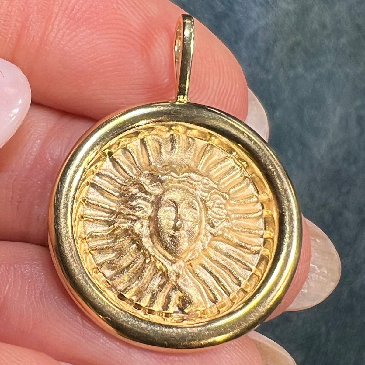 14k Yellow Gold Sun Goddess Medusa Disk Pendant. 1.2" Medallion