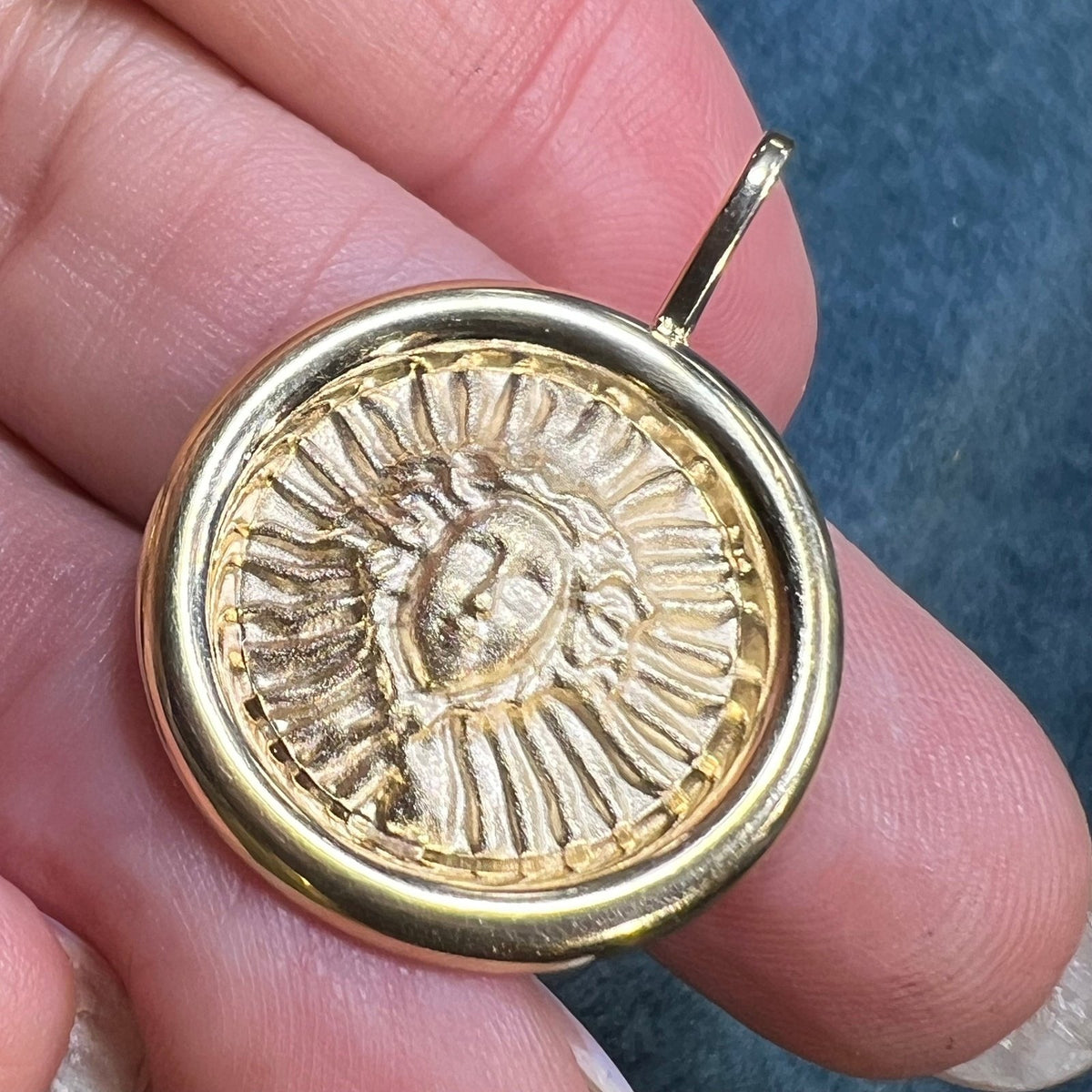 14k Yellow Gold Sun Goddess Medusa Disk Pendant. 1.2" Medallion