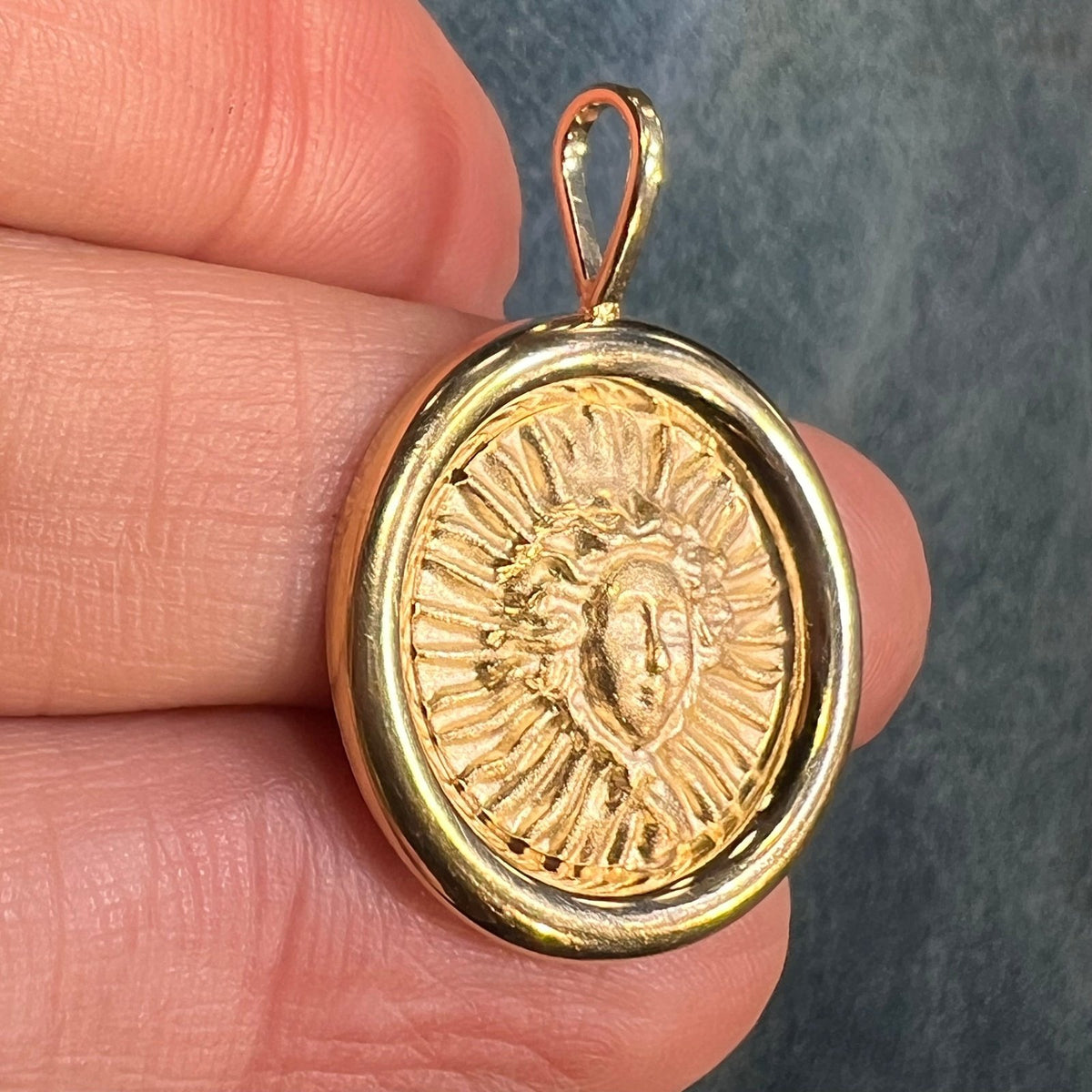 14k Yellow Gold Sun Goddess Medusa Disk Pendant. 1.2" Medallion