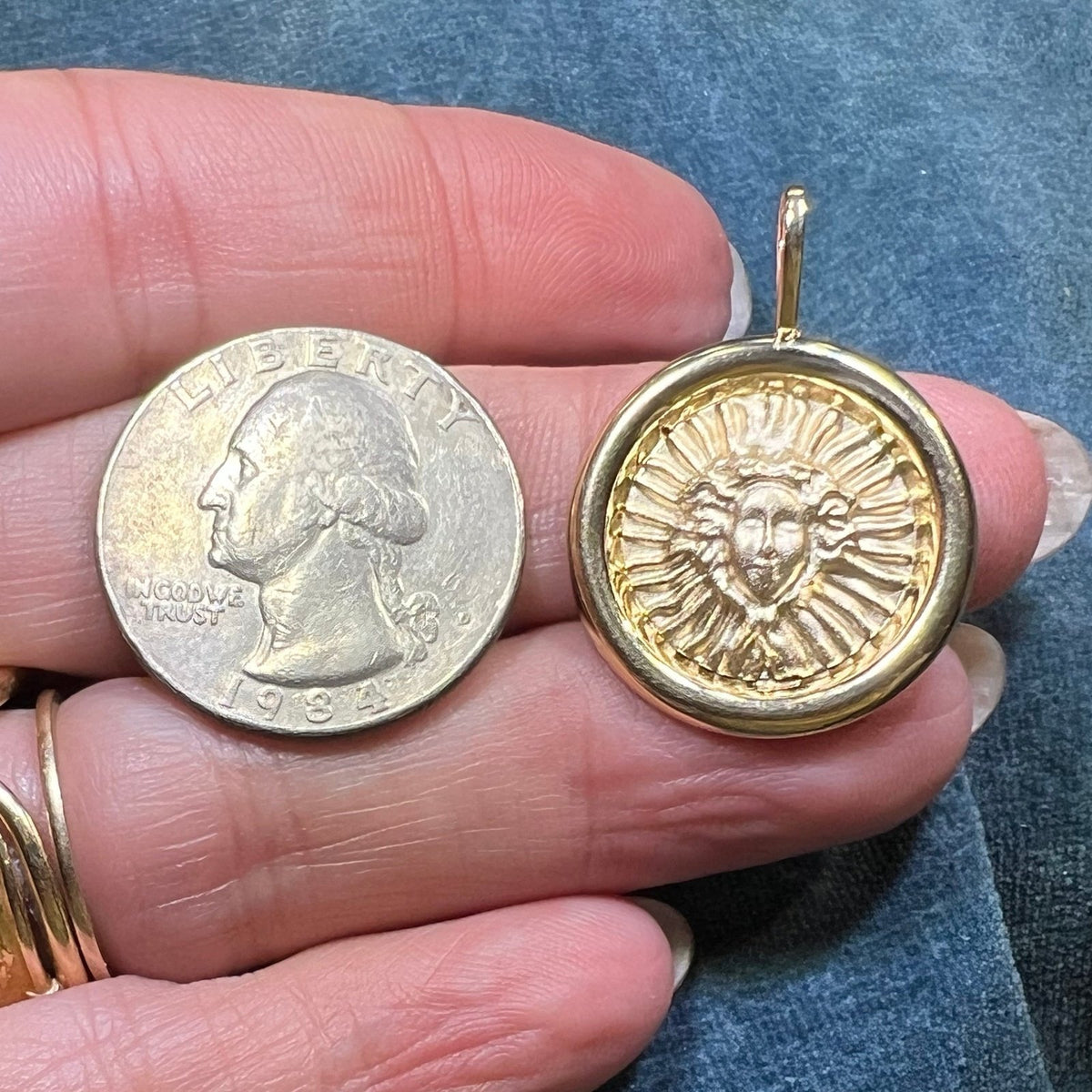 14k Yellow Gold Sun Goddess Medusa Disk Pendant. 1.2" Medallion