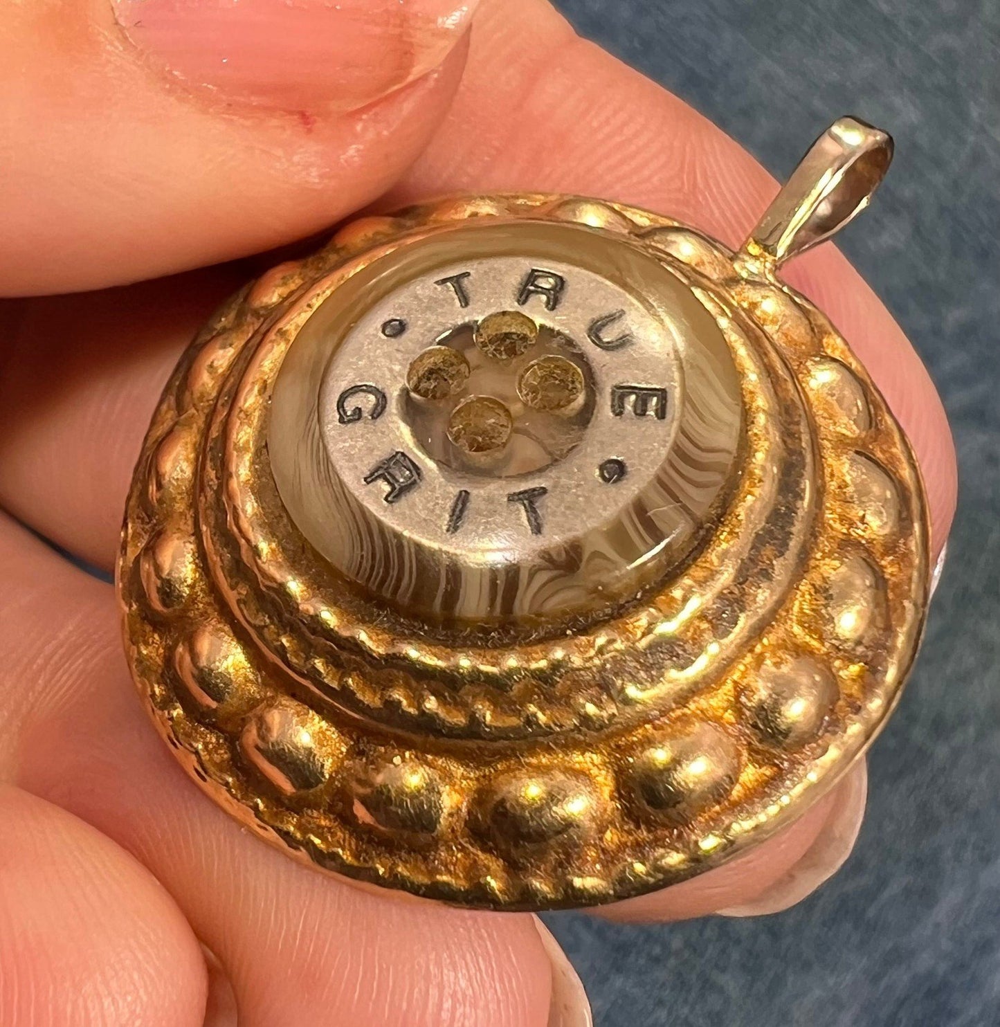 14k Yellow Gold TRUE GRIT Shell Button Disk Mandala Pendant. 1"