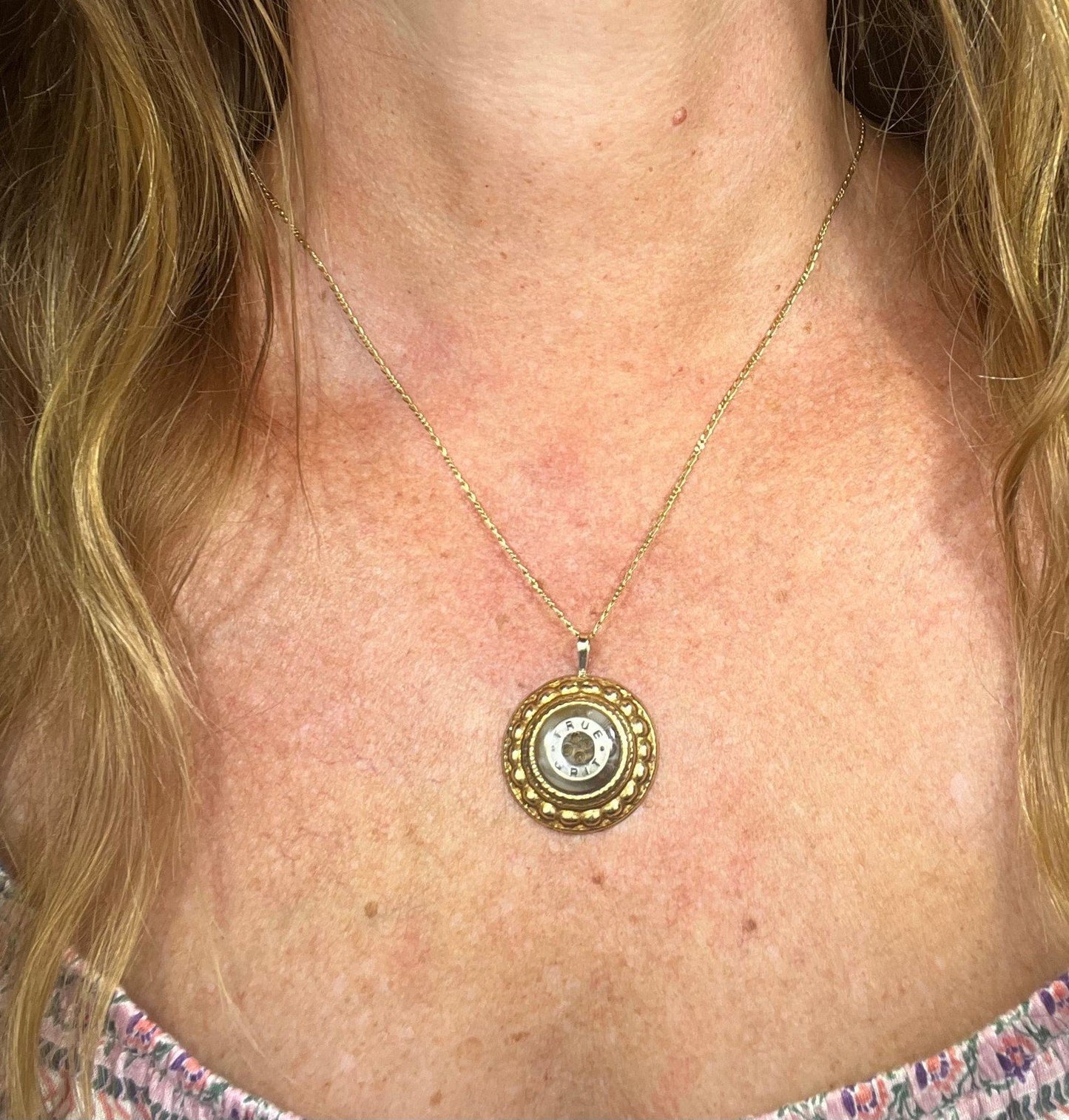 14k Yellow Gold TRUE GRIT Shell Button Disk Mandala Pendant. 1"