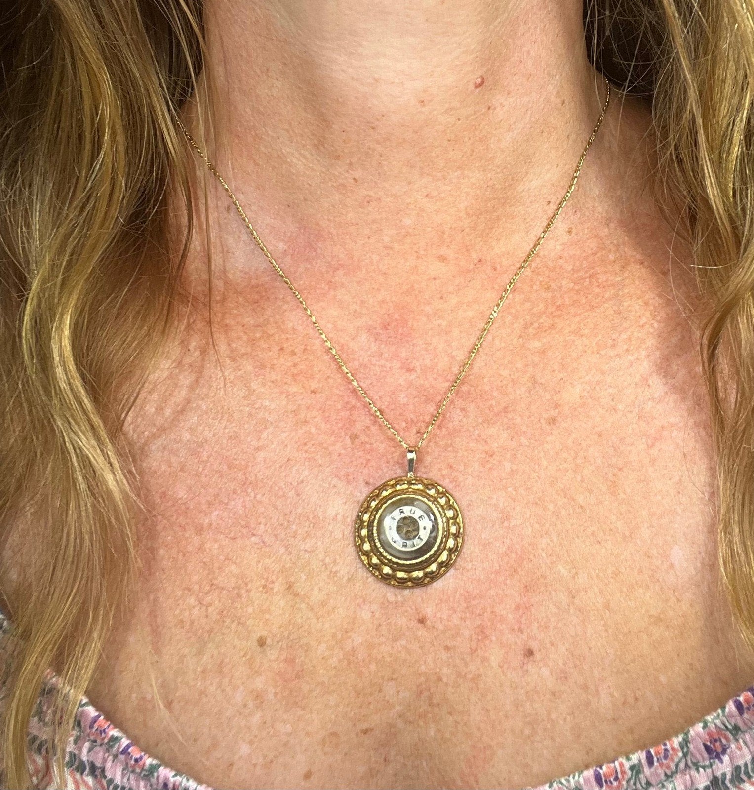 14k Yellow Gold TRUE GRIT Shell Button Disk Mandala Pendant. 1"
