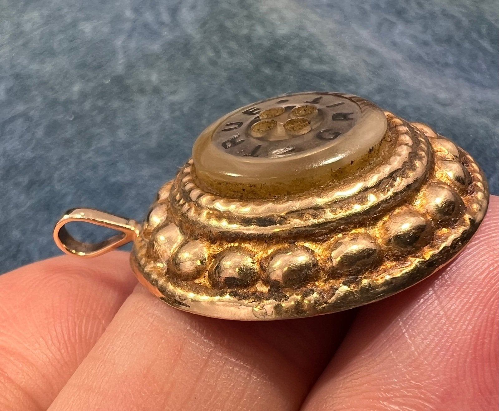 14k Yellow Gold TRUE GRIT Shell Button Disk Mandala Pendant. 1"