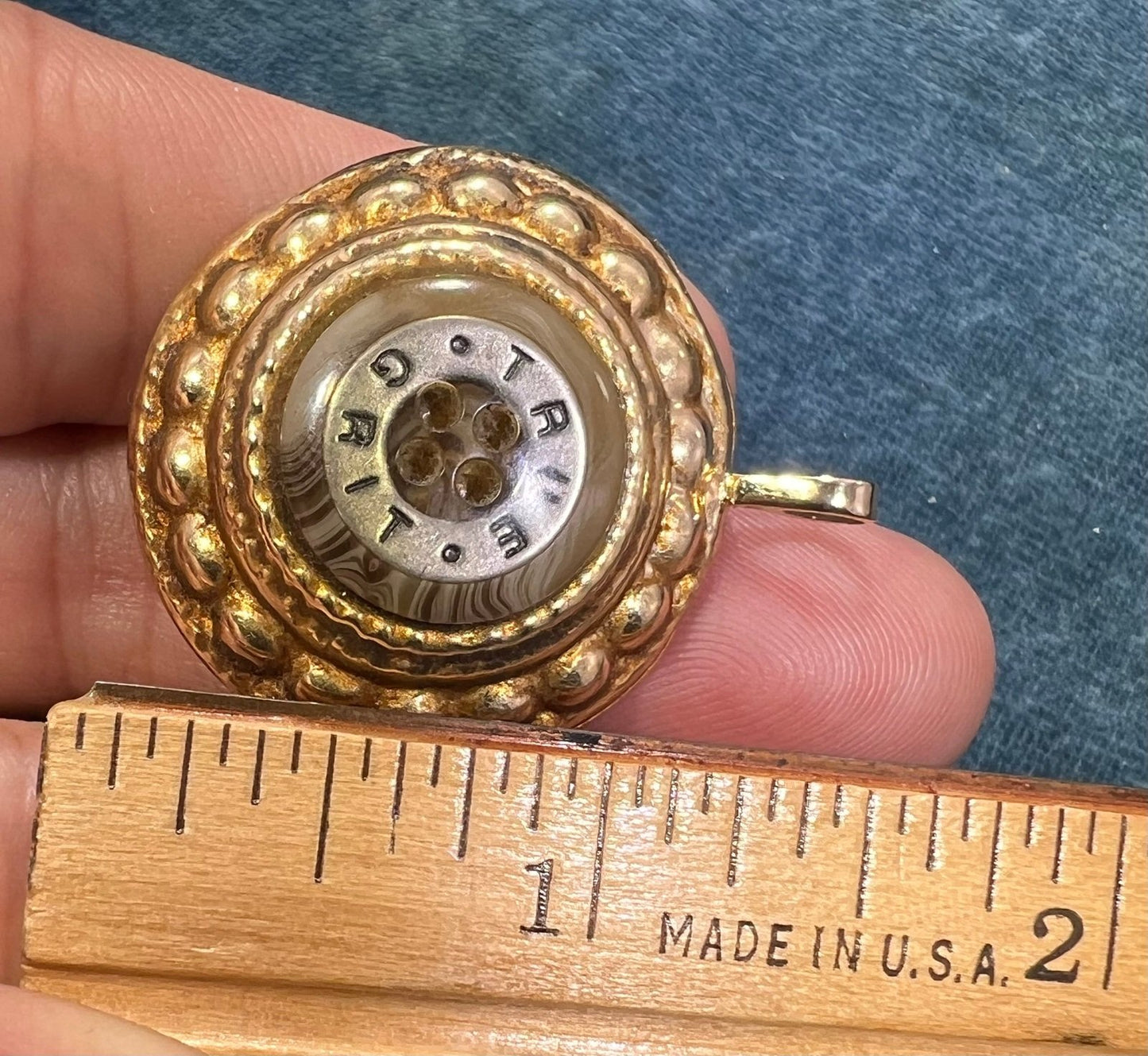 14k Yellow Gold TRUE GRIT Shell Button Disk Mandala Pendant. 1"