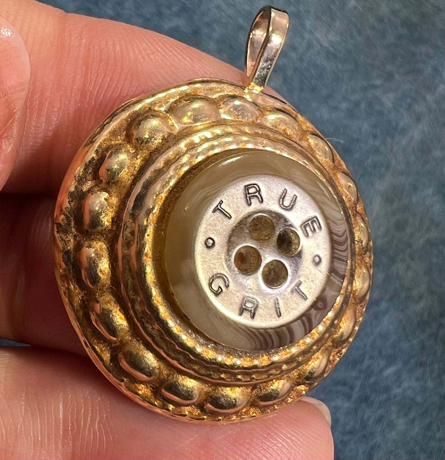 14k Yellow Gold TRUE GRIT Shell Button Disk Mandala Pendant. 1"