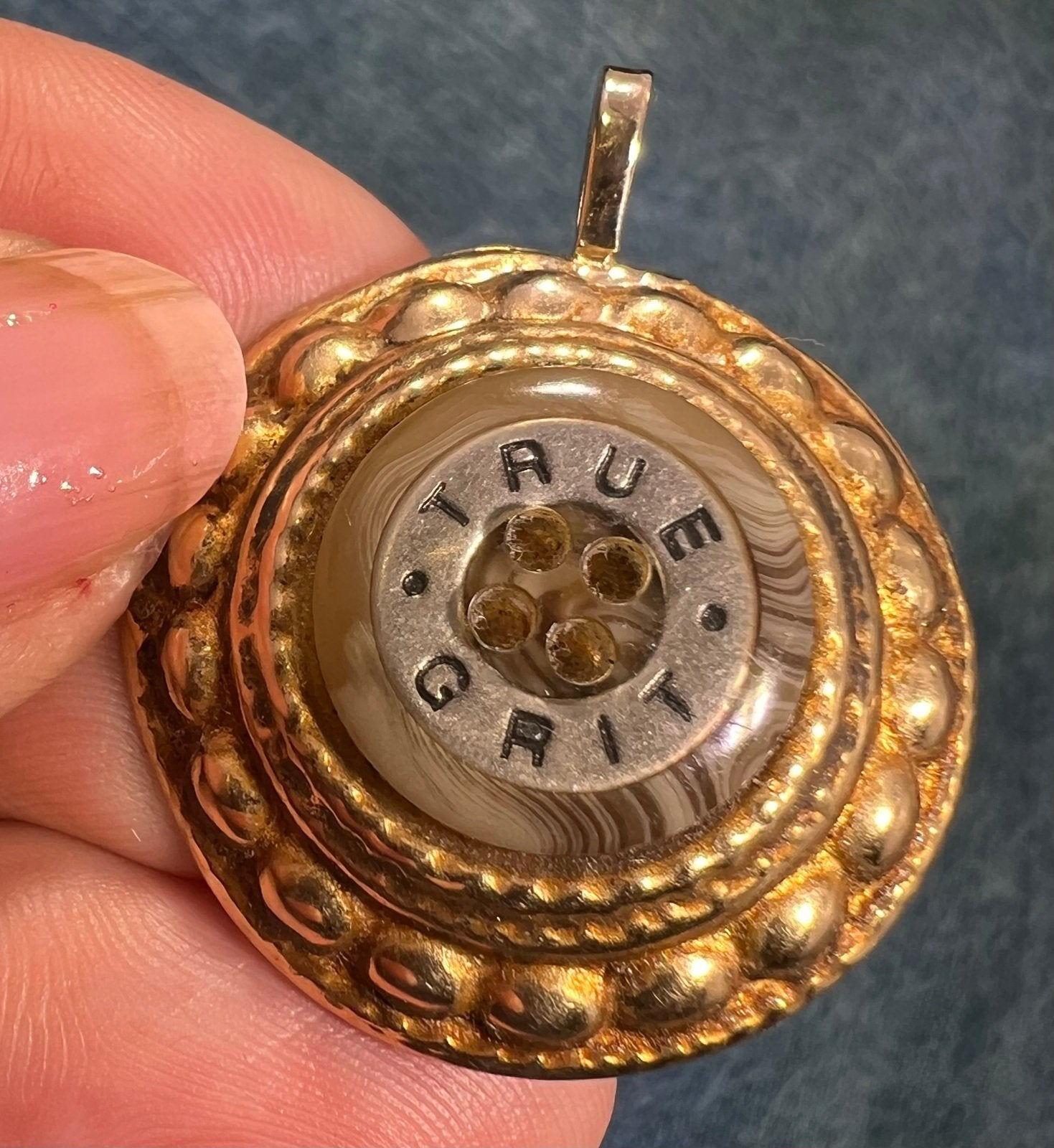 14k Yellow Gold TRUE GRIT Shell Button Disk Mandala Pendant. 1"