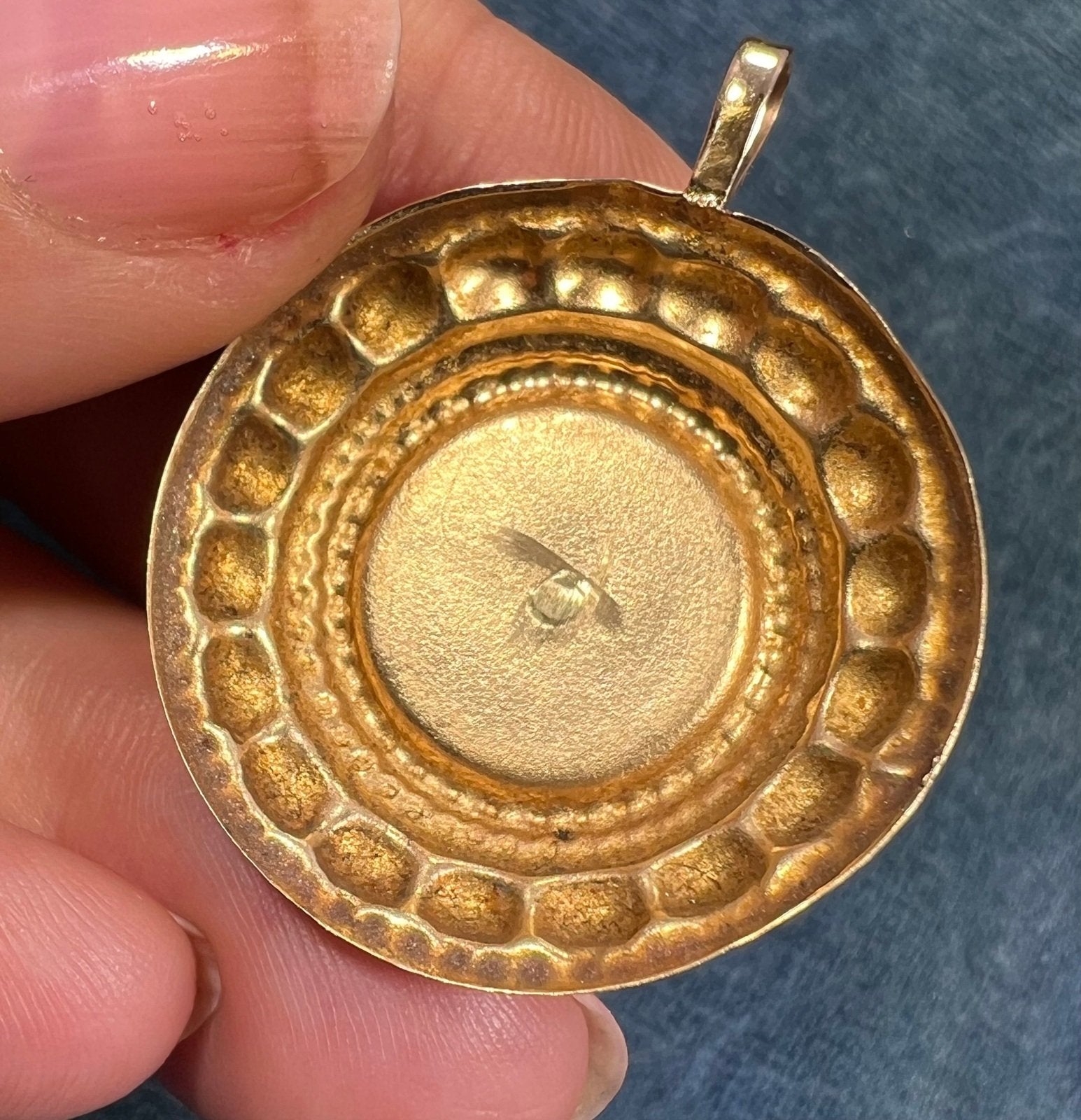 14k Yellow Gold TRUE GRIT Shell Button Disk Mandala Pendant. 1"
