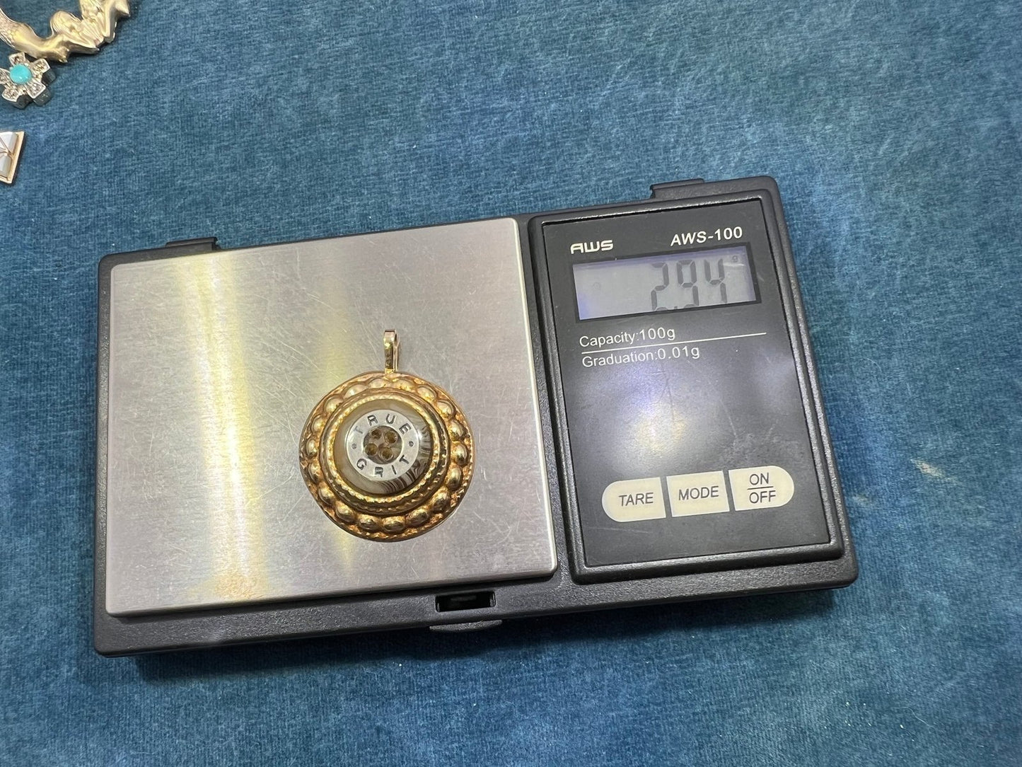 14k Yellow Gold TRUE GRIT Shell Button Disk Mandala Pendant. 1"