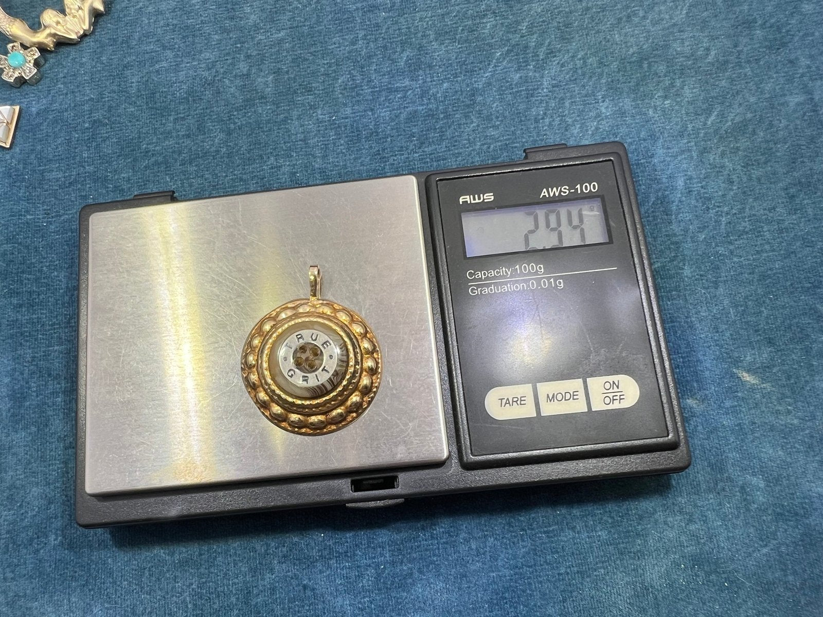 14k Yellow Gold TRUE GRIT Shell Button Disk Mandala Pendant. 1"