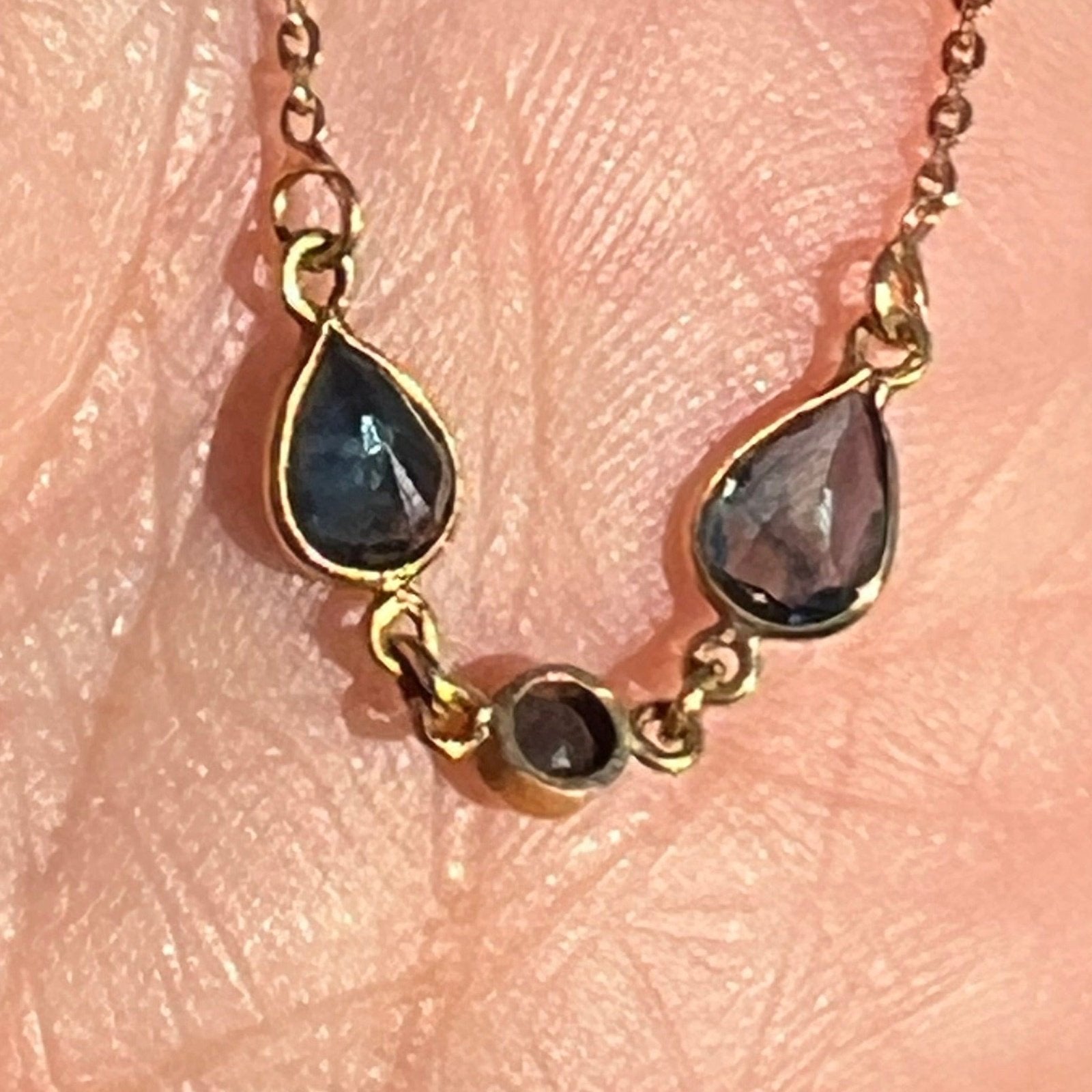 14k Yellow Gold Teardrop Natural Blue Sapphire Necklace. Antique