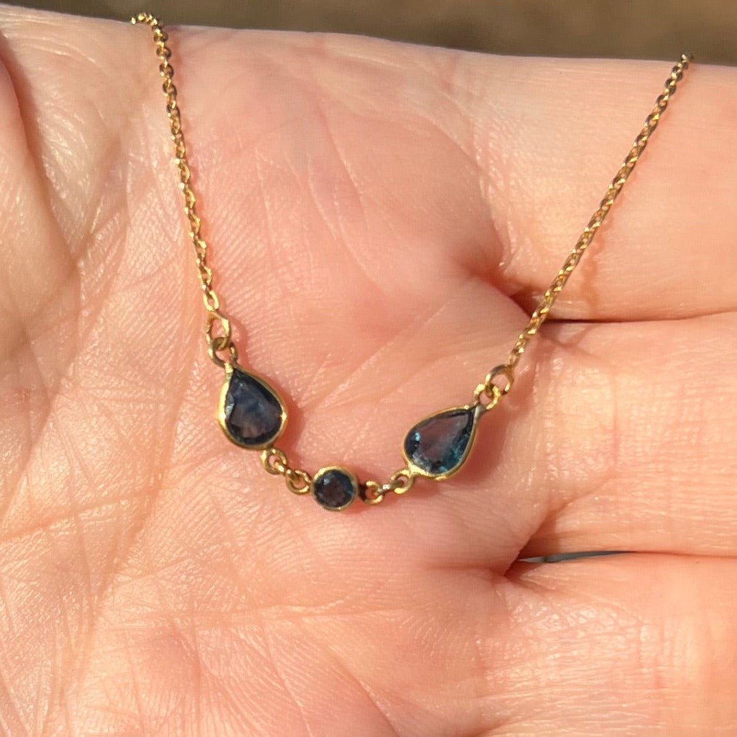 14k Yellow Gold Teardrop Natural Blue Sapphire Necklace. Antique