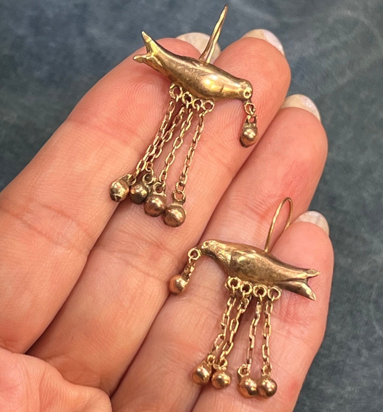 14k Yellow Gold Victorian Messenger Bird Earrings. Dangle Beads