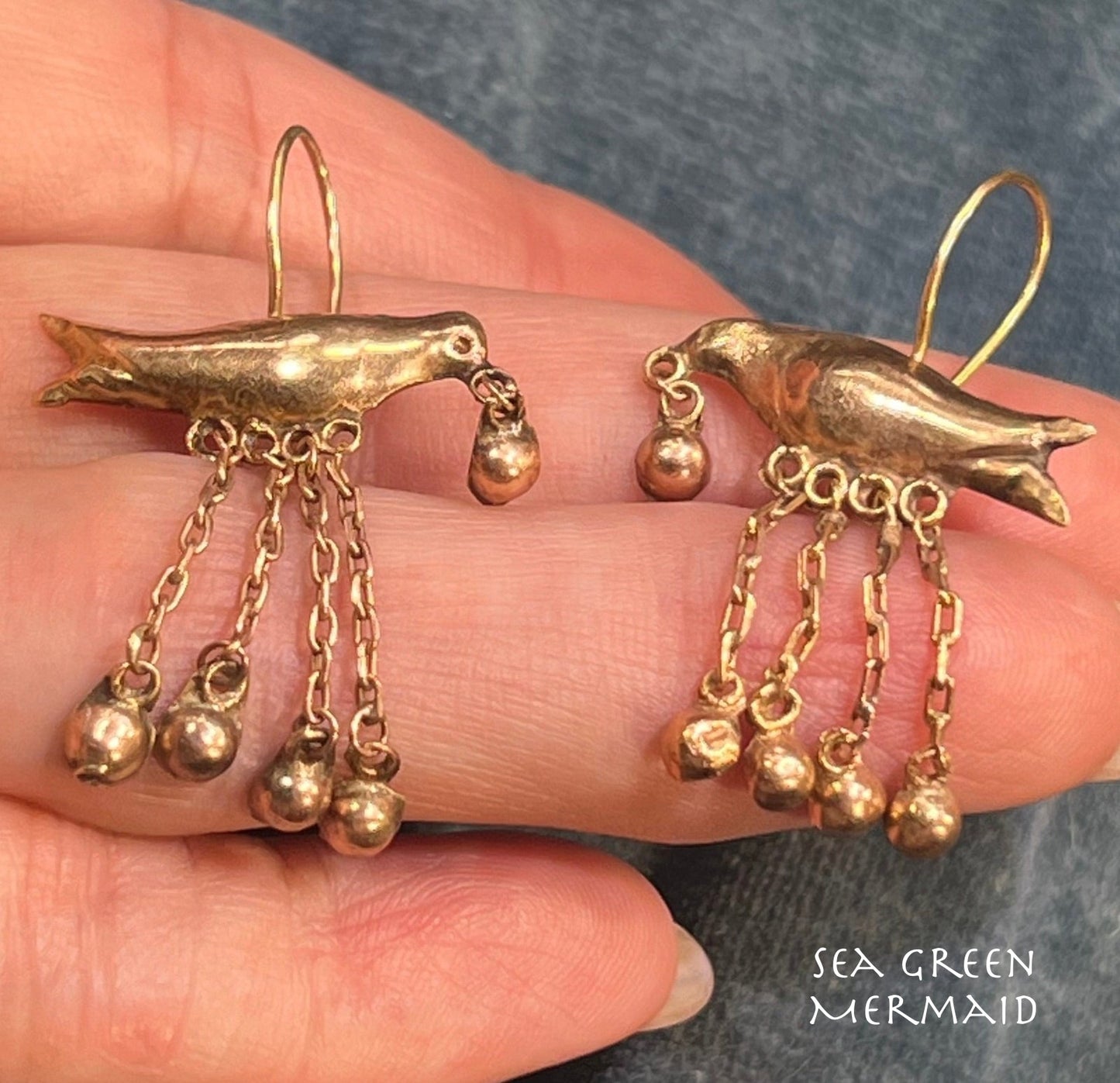 14k Yellow Gold Victorian Messenger Bird Earrings. Dangle Beads