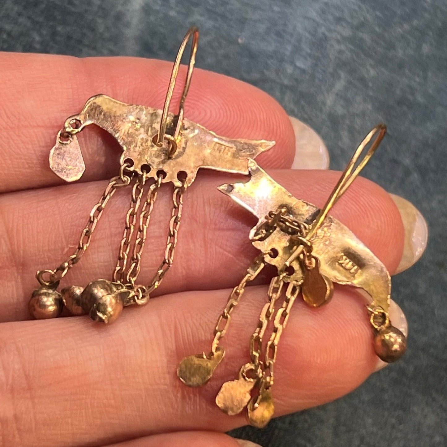 14k Yellow Gold Victorian Messenger Bird Earrings. Dangle Beads