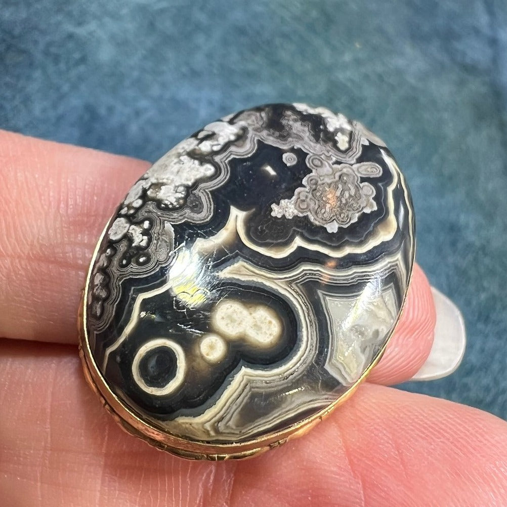 14k Yellow Gold Zebra Calcite Pendant. Antique 1.2" + 8g *Video*