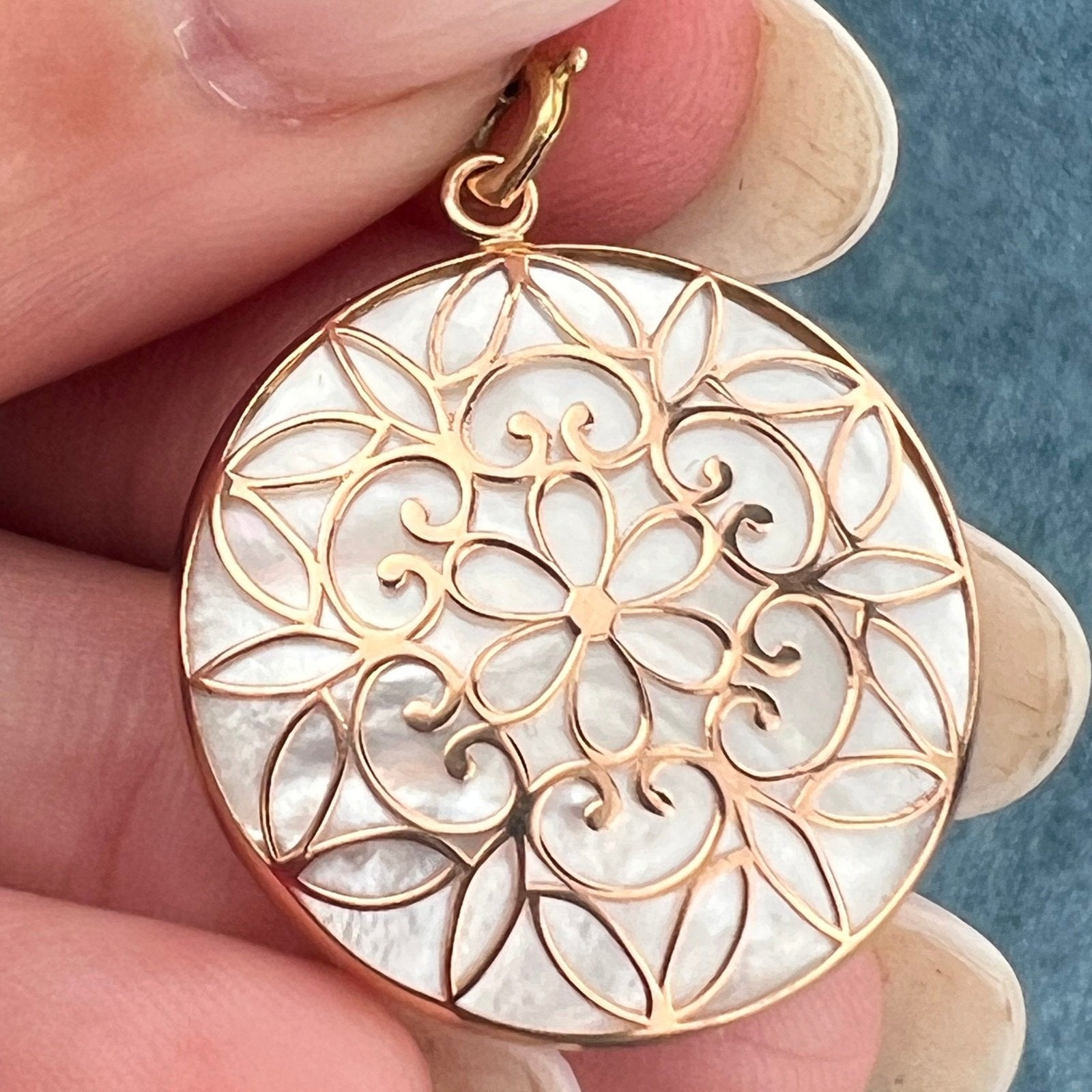 14k Yellow Rose Gold Mother-of-Pearl Mandala Pendant. Beach Ocean