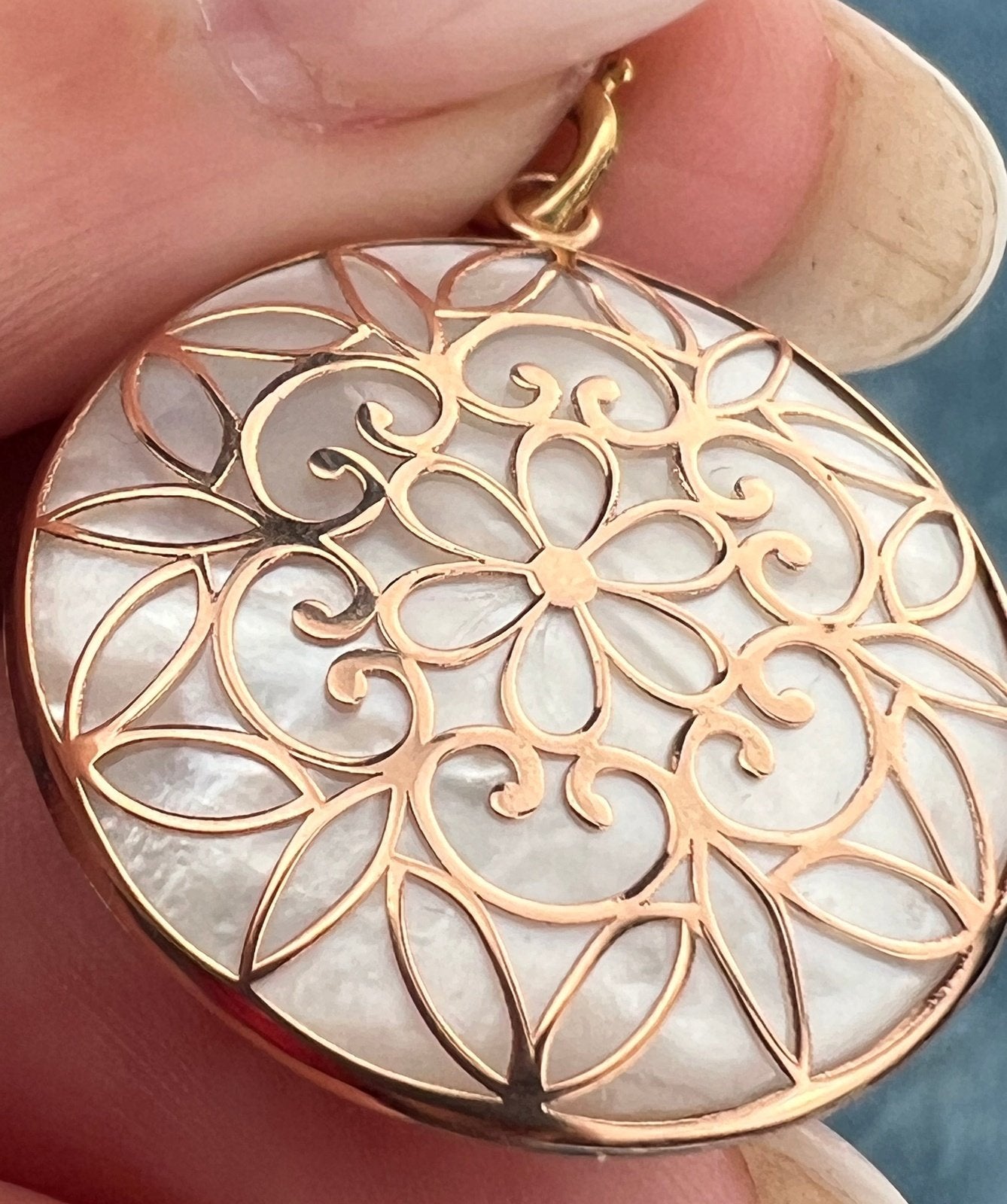 14k Yellow Rose Gold Mother-of-Pearl Mandala Pendant. Beach Ocean