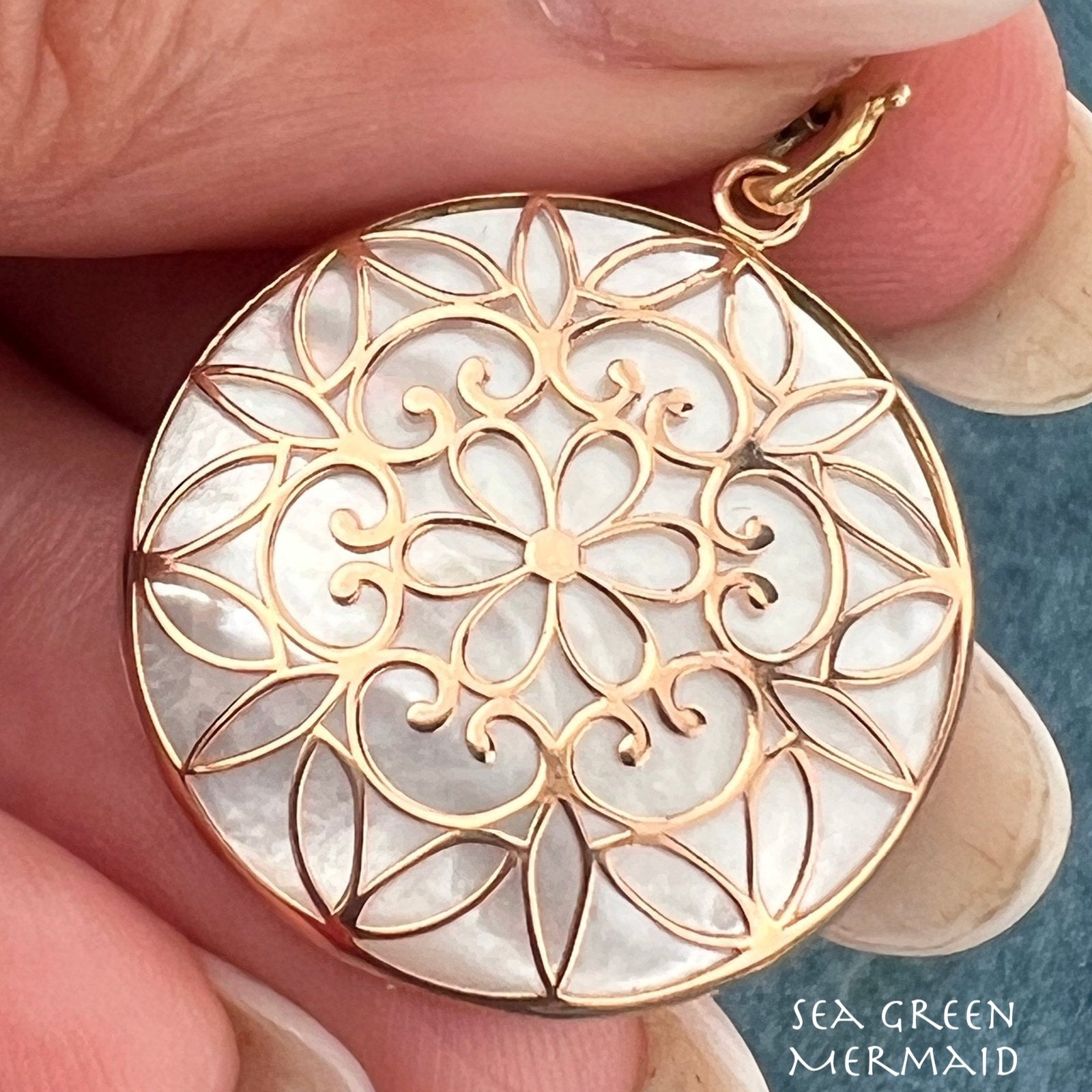 14k Yellow Rose Gold Mother-of-Pearl Mandala Pendant. Beach Ocean