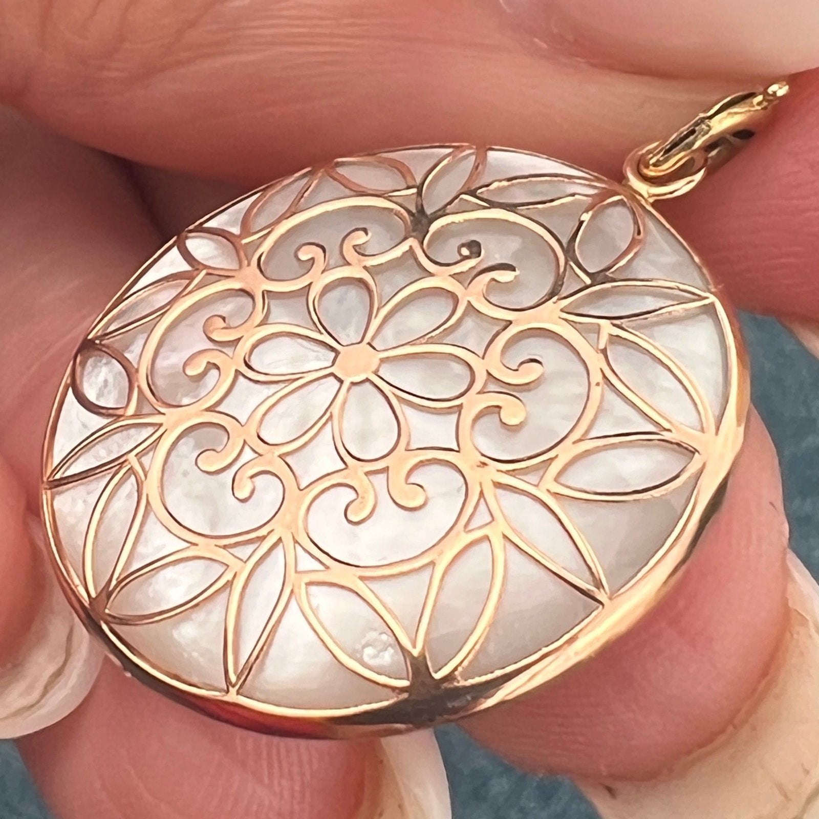 14k Yellow Rose Gold Mother-of-Pearl Mandala Pendant. Beach Ocean