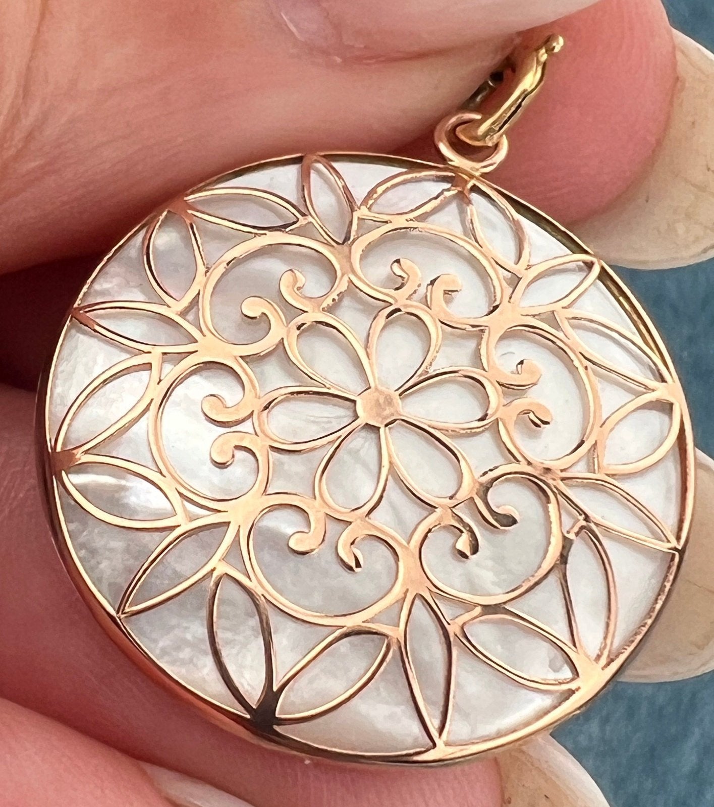 14k Yellow Rose Gold Mother-of-Pearl Mandala Pendant. Beach Ocean