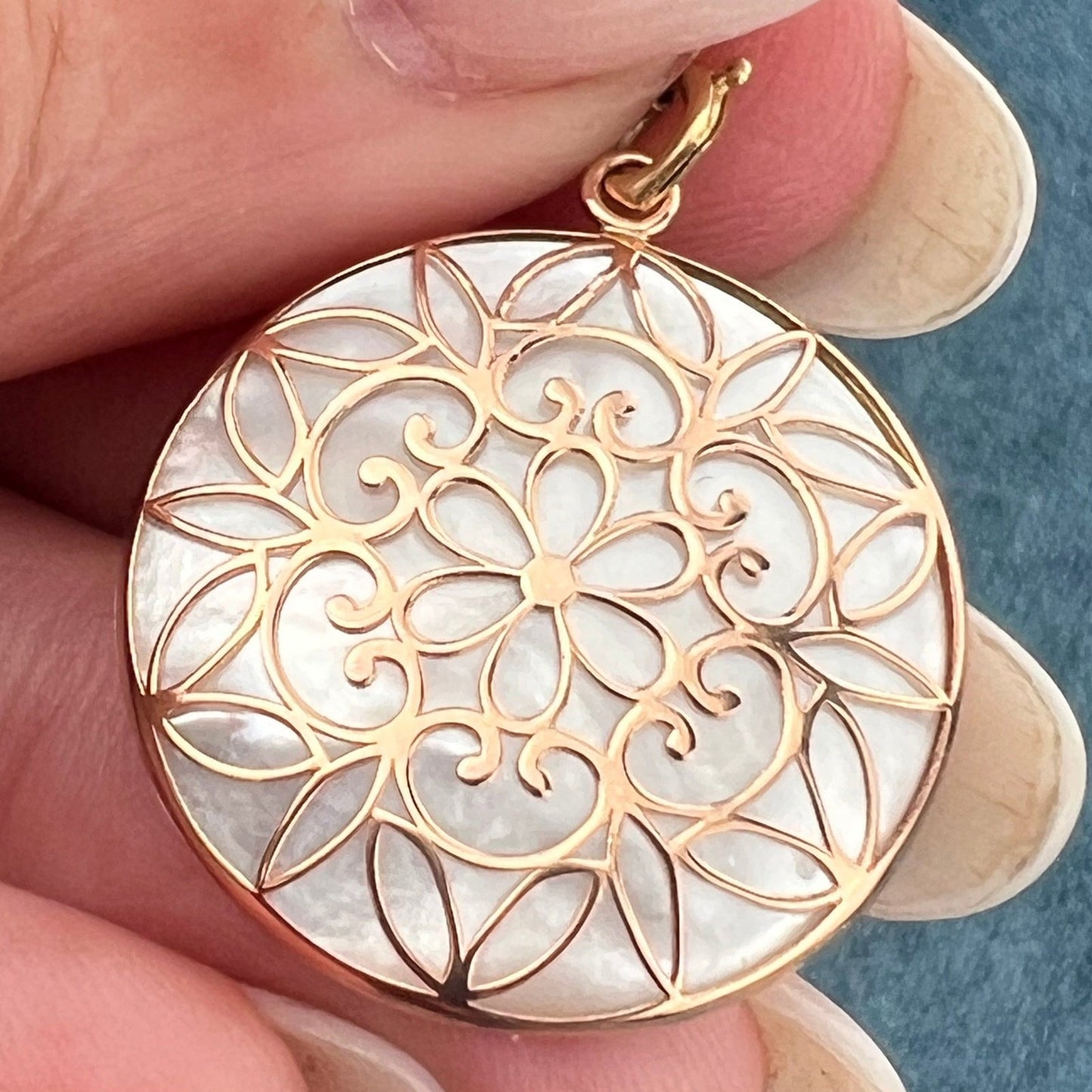 14k Yellow Rose Gold Mother-of-Pearl Mandala Pendant. Beach Ocean