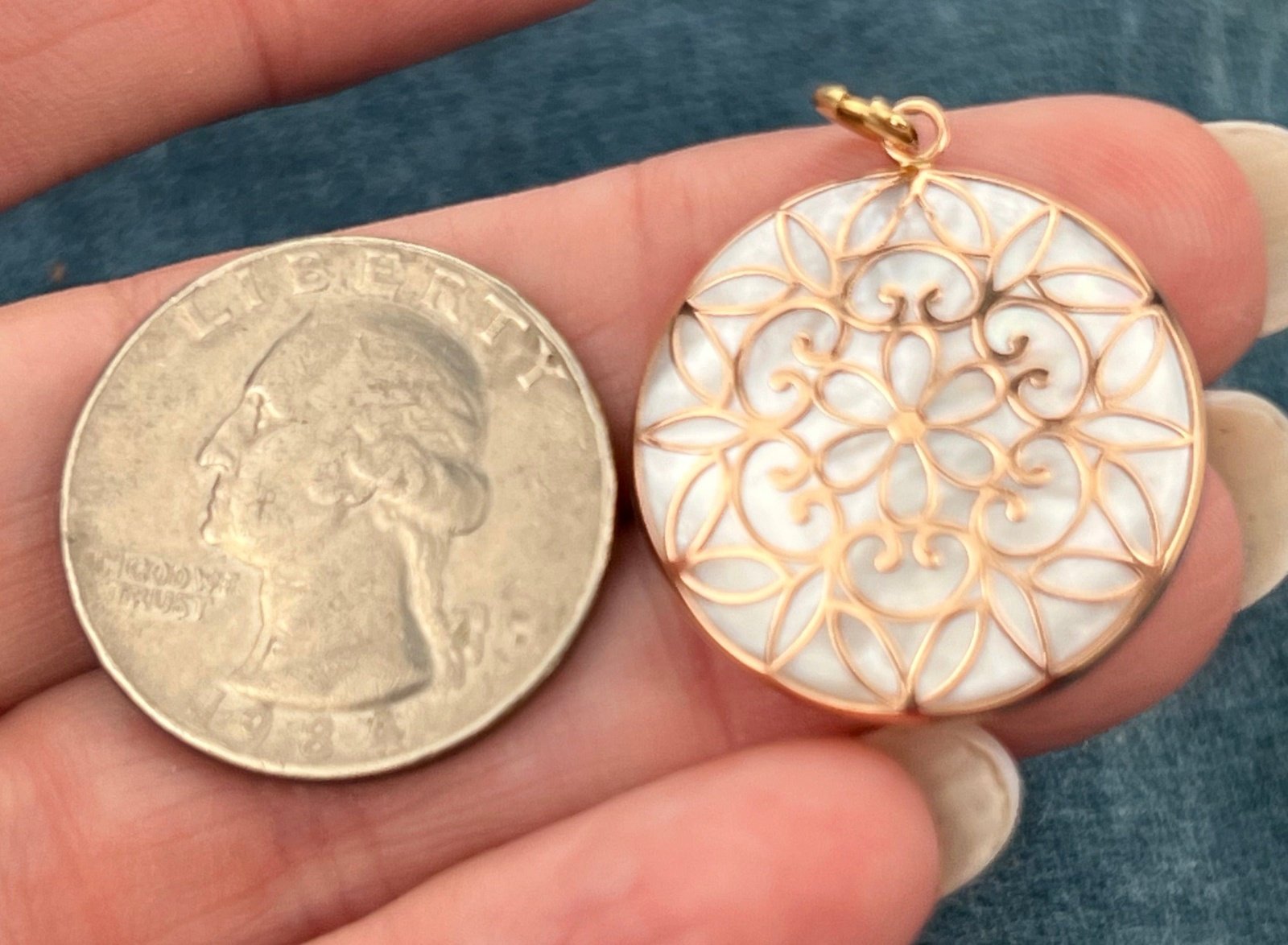 14k Yellow Rose Gold Mother-of-Pearl Mandala Pendant. Beach Ocean