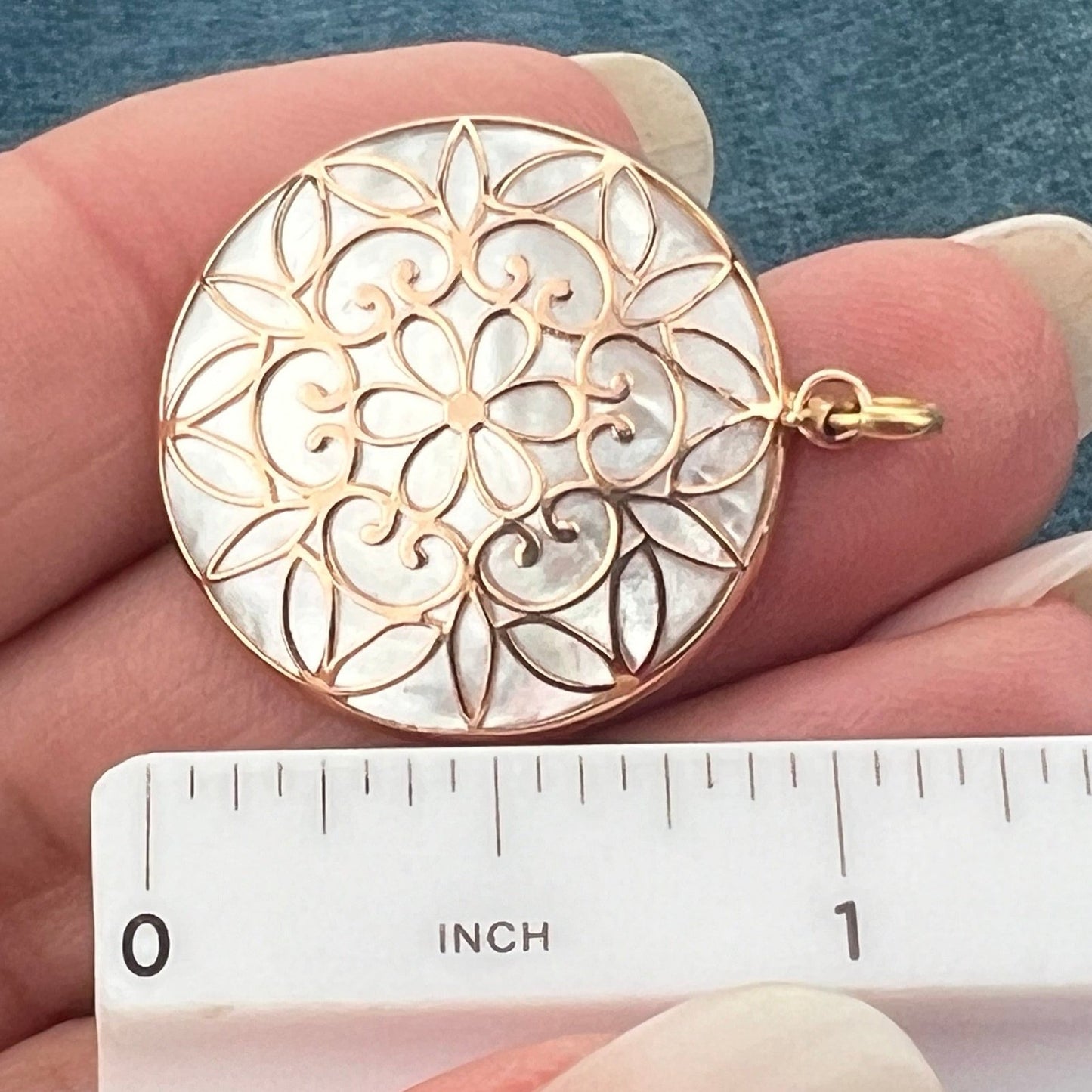 14k Yellow Rose Gold Mother-of-Pearl Mandala Pendant. Beach Ocean