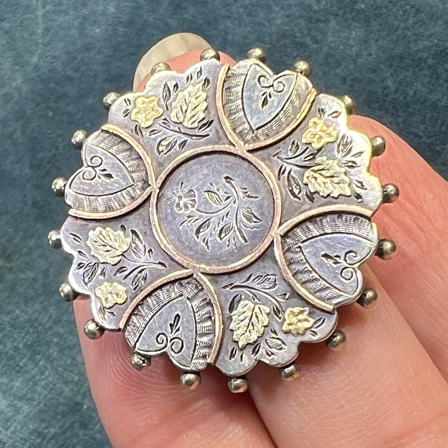 14k Yellow + Rose Gold + Silver Antique Engraved Flower Pendant. 1.25"