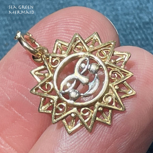 14k Yellow & White Gold Aztec Mayan Filigree Sun God Face / Sun Burst Pendant.