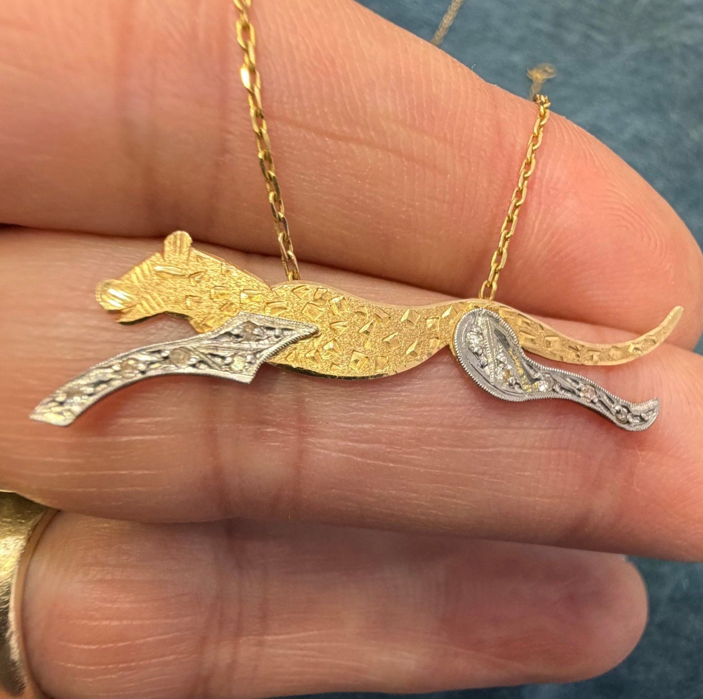 14k Yellow + White Gold Diamond Panther Cheetah Pendant w Chain Necklace