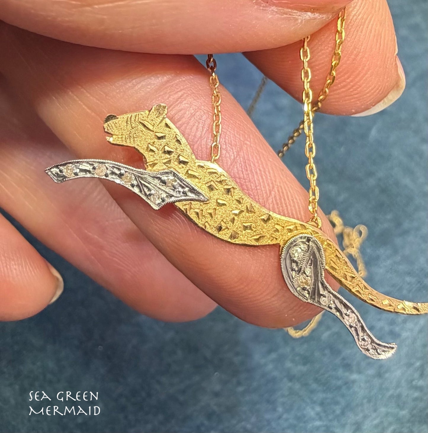 14k Yellow + White Gold Diamond Panther Cheetah Pendant w Chain Necklace