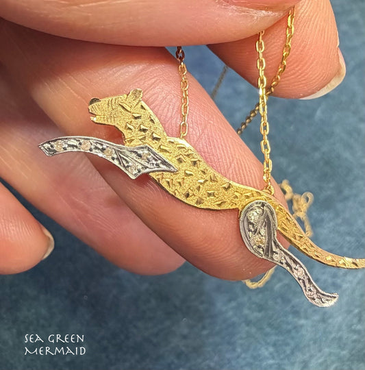 14k Yellow + White Gold Diamond Panther Cheetah Pendant w Chain Necklace