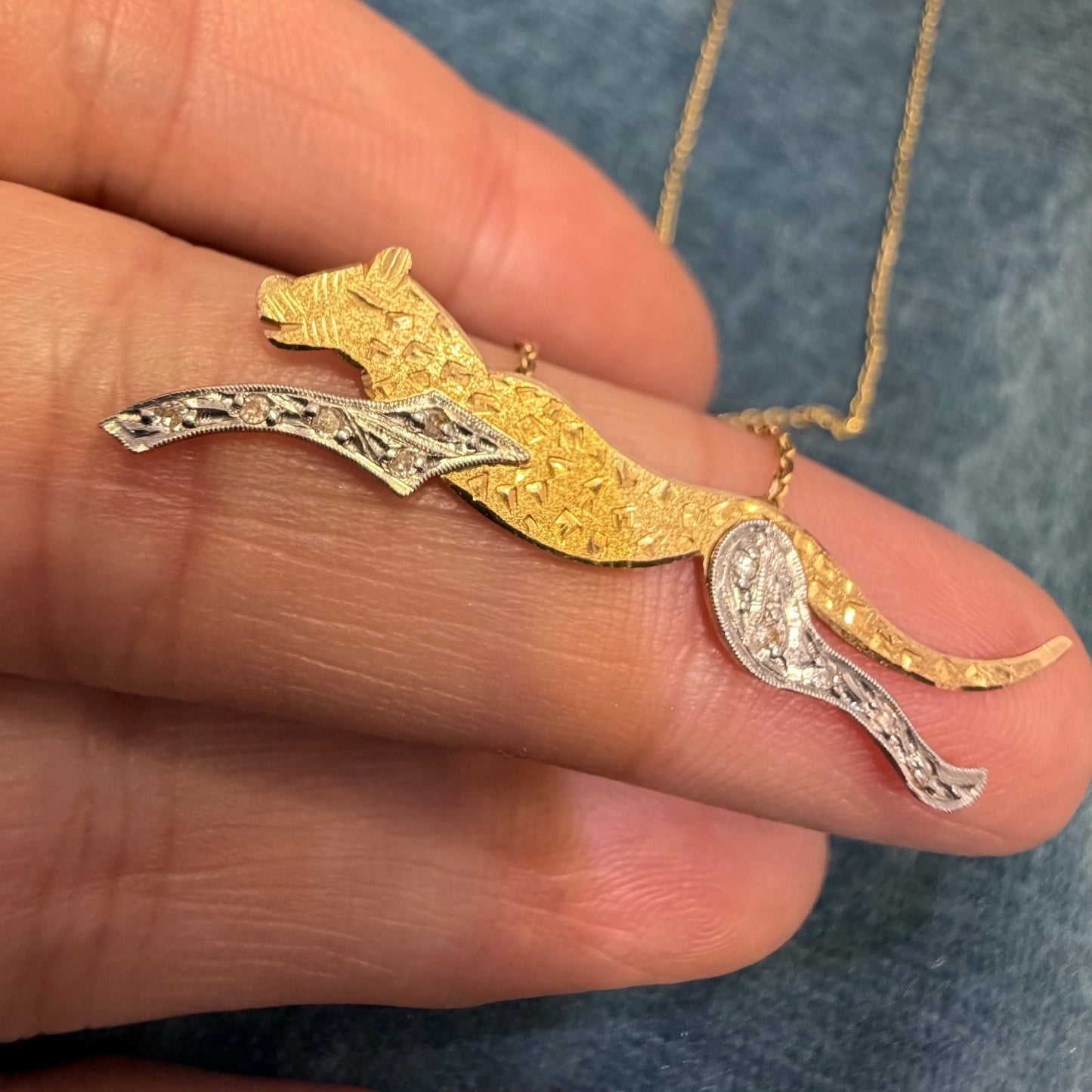 14k Yellow + White Gold Diamond Panther Cheetah Pendant w Chain Necklace