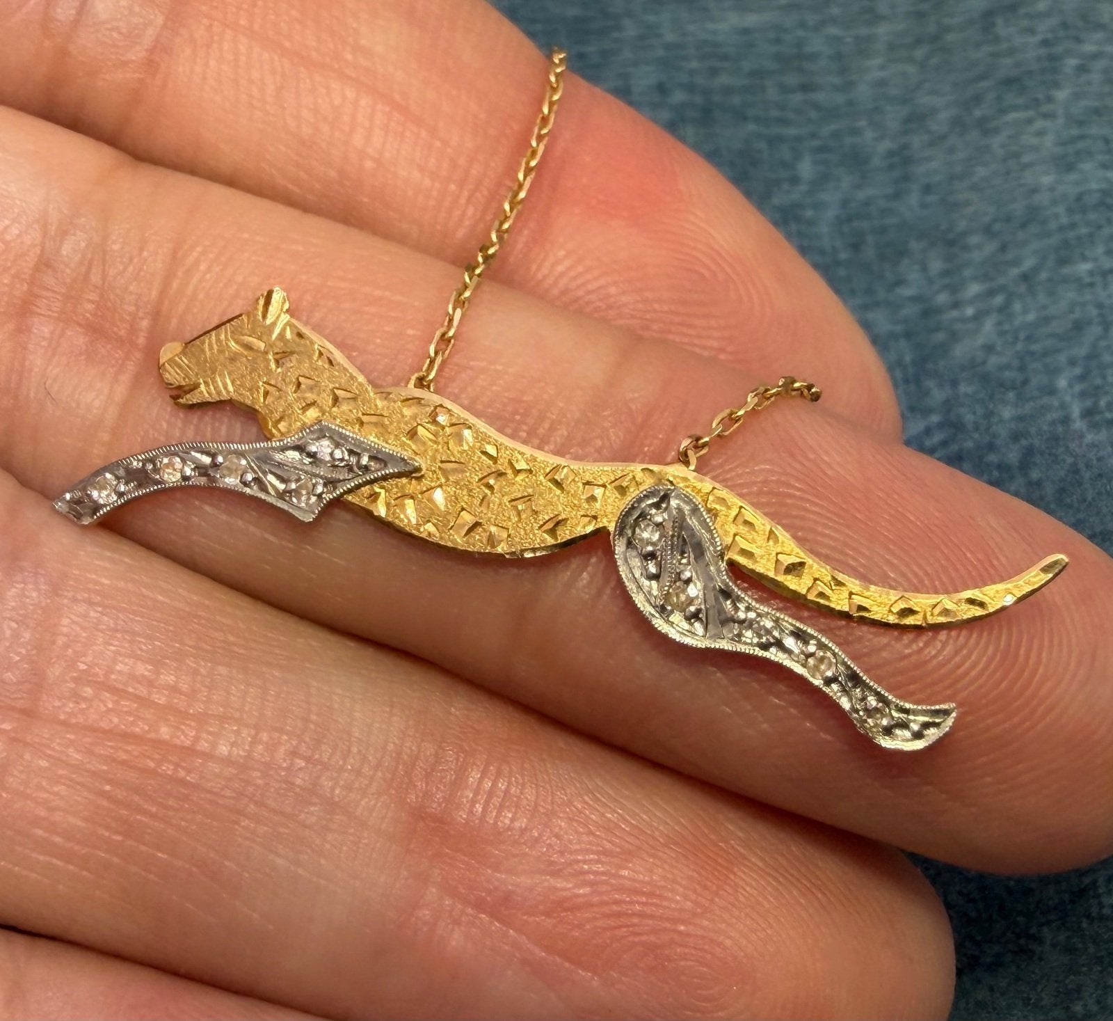 14k Yellow + White Gold Diamond Panther Cheetah Pendant w Chain Necklace