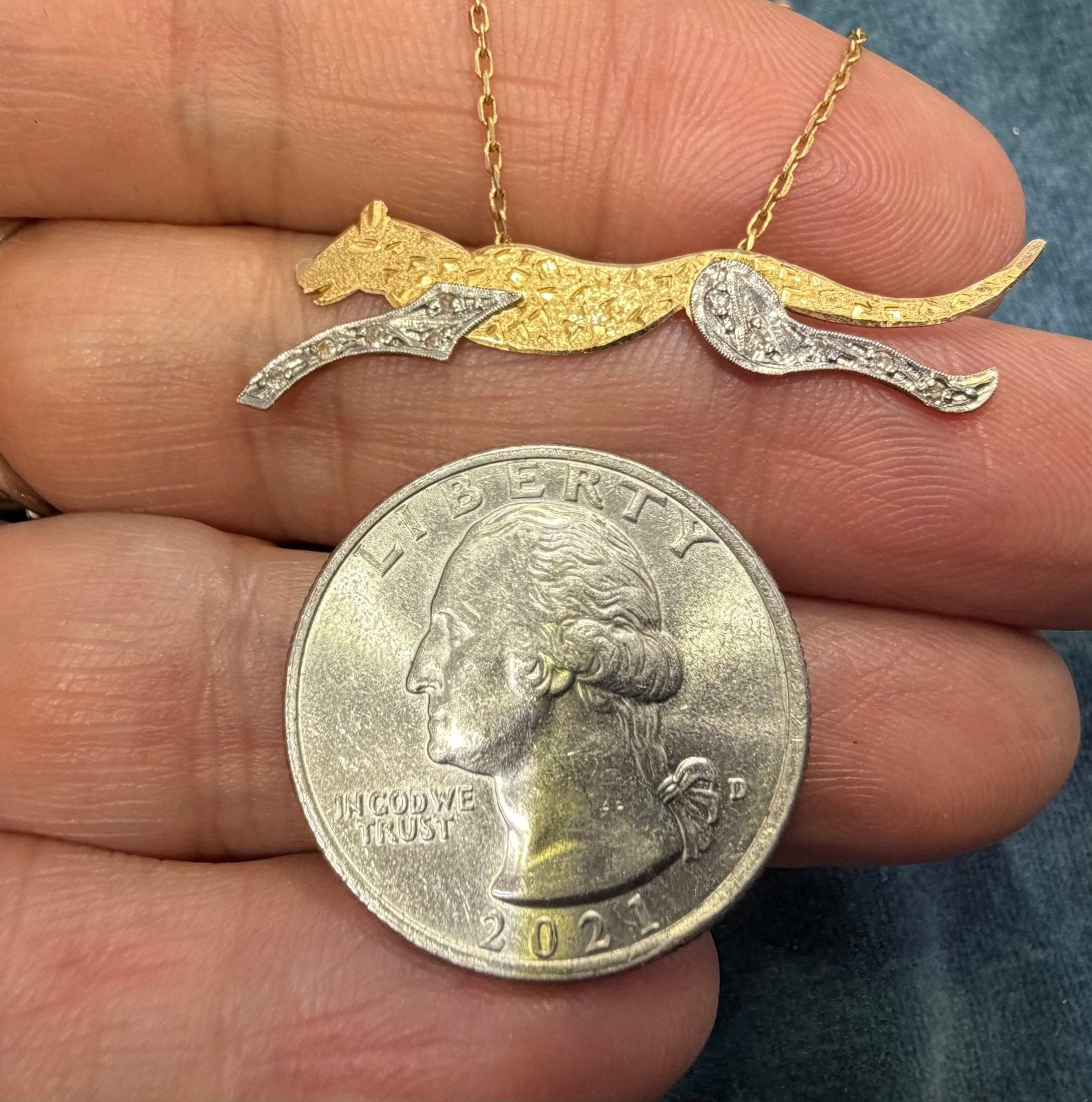 14k Yellow + White Gold Diamond Panther Cheetah Pendant w Chain Necklace