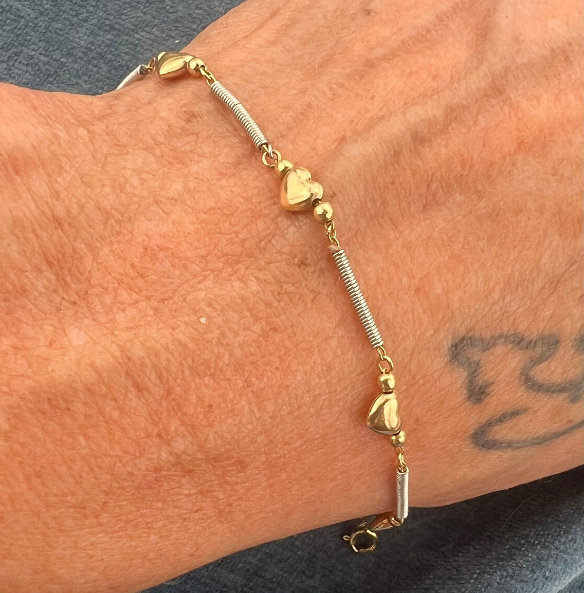 14k Yellow + White Gold Heart Chain Bracelet. Versatile!